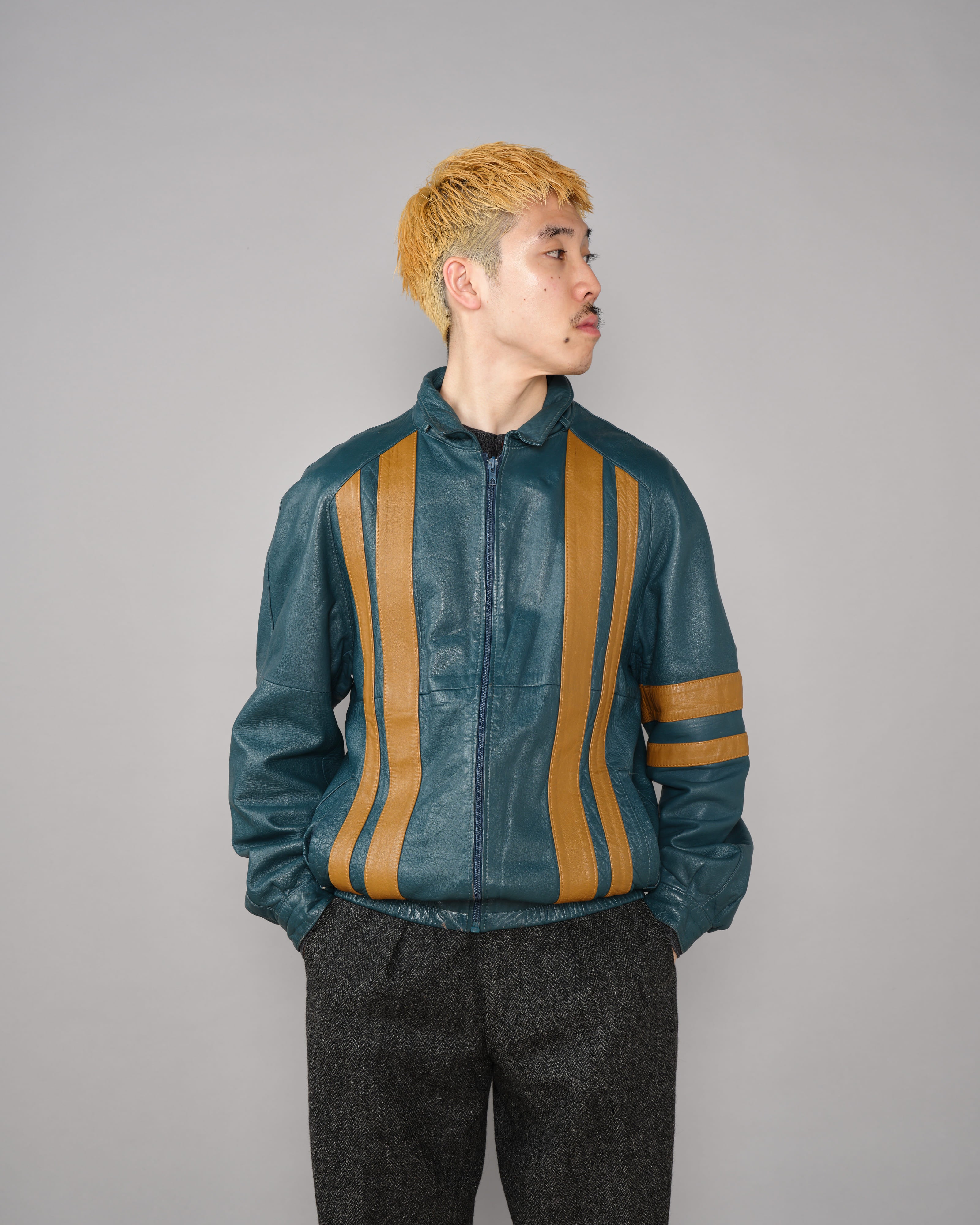 【~70's】French Vintage 2 Tone Raglan Sleeve Leather Jacket Size.S