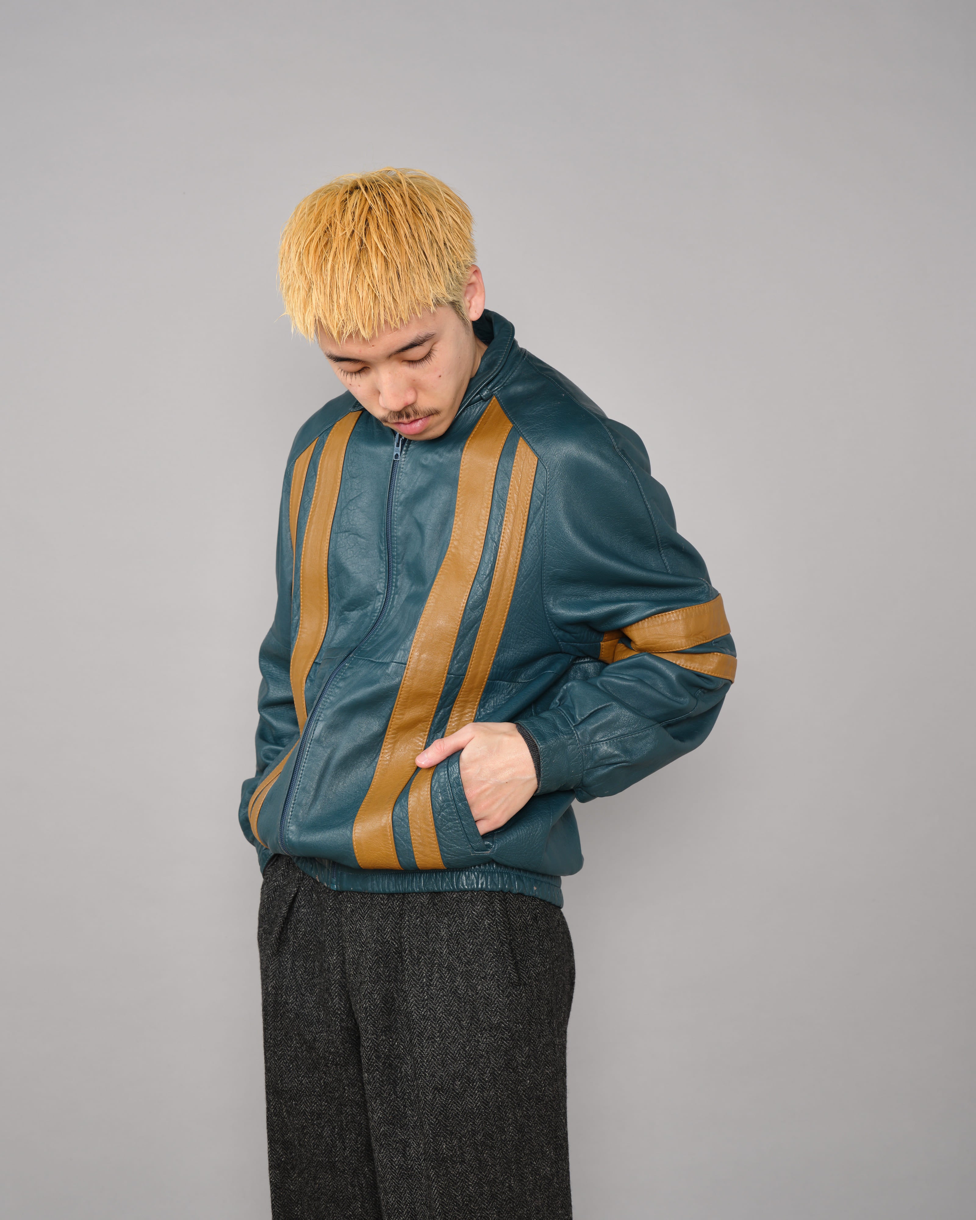 【~70's】French Vintage 2 Tone Raglan Sleeve Leather Jacket Size.S