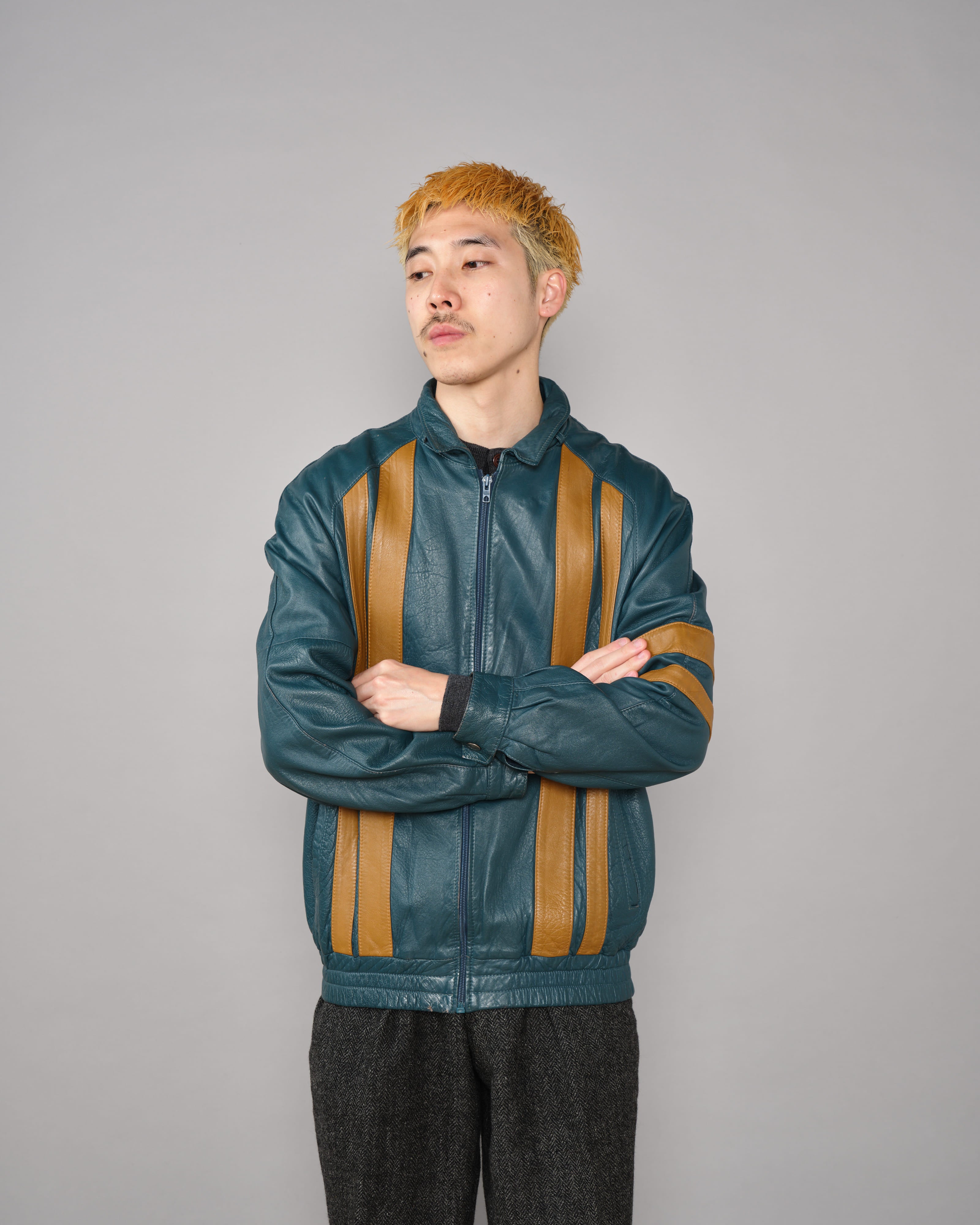 【~70's】French Vintage 2 Tone Raglan Sleeve Leather Jacket Size.S