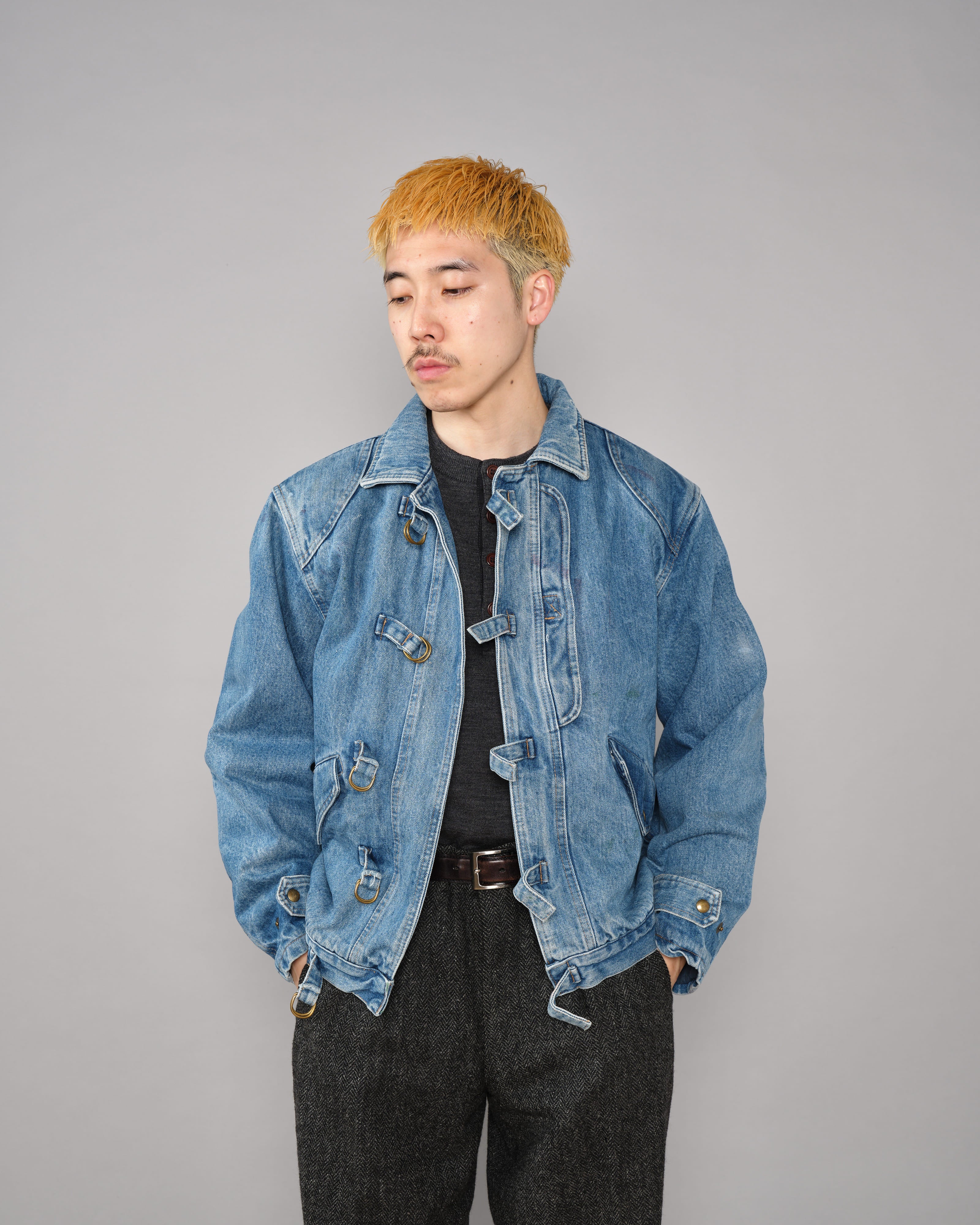 【~80’s】Italian Vintage D-ring Strap Front Design Denim Blouson Size.44