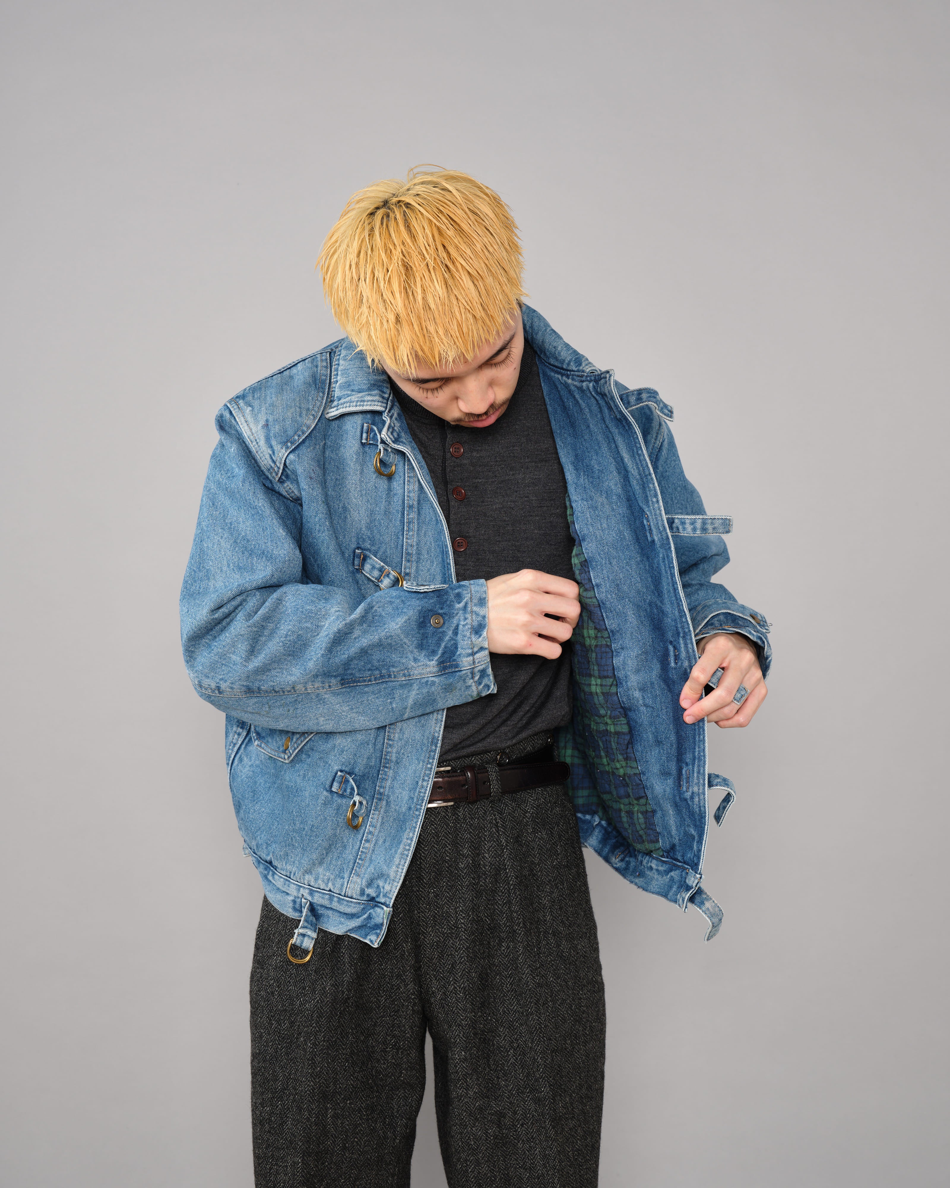 【~80’s】Italian Vintage D-ring Strap Front Design Denim Blouson Size.44