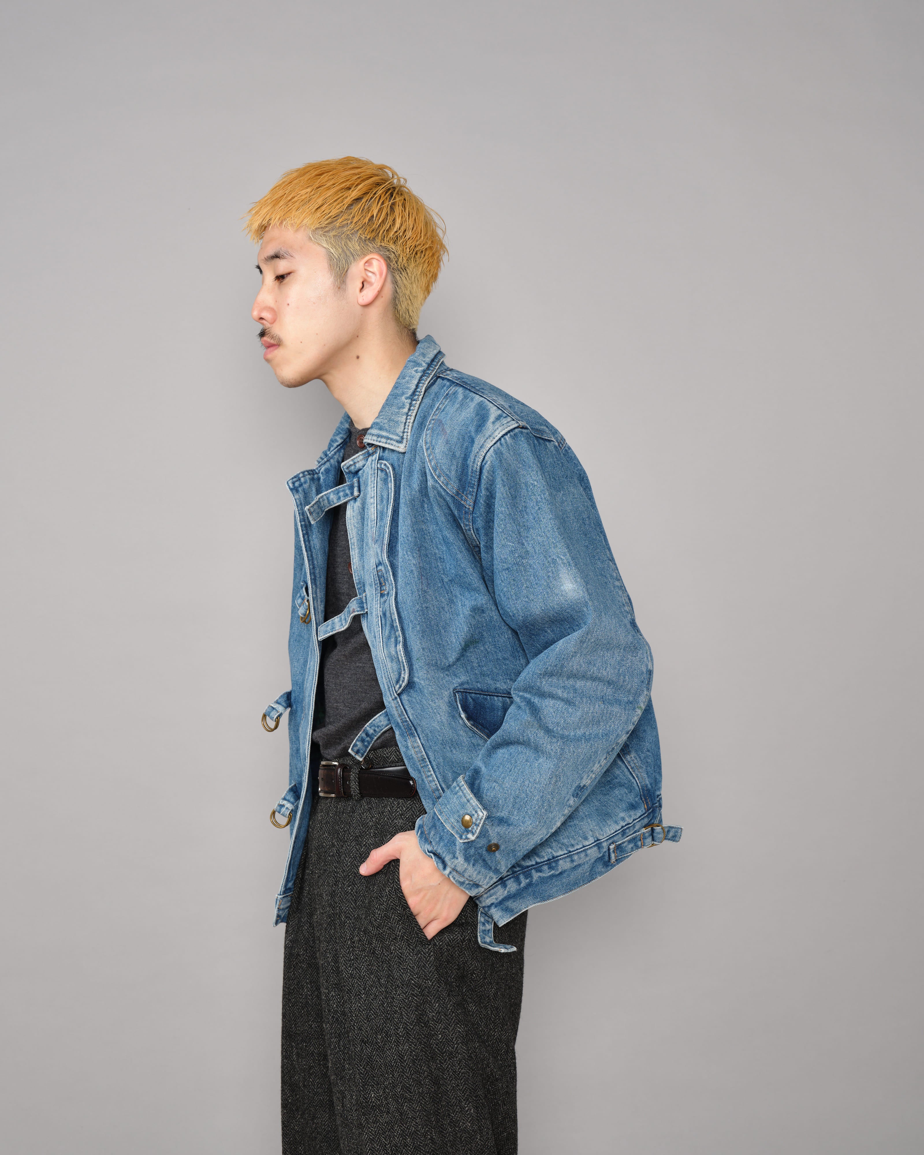 【~80’s】Italian Vintage D-ring Strap Front Design Denim Blouson Size.44