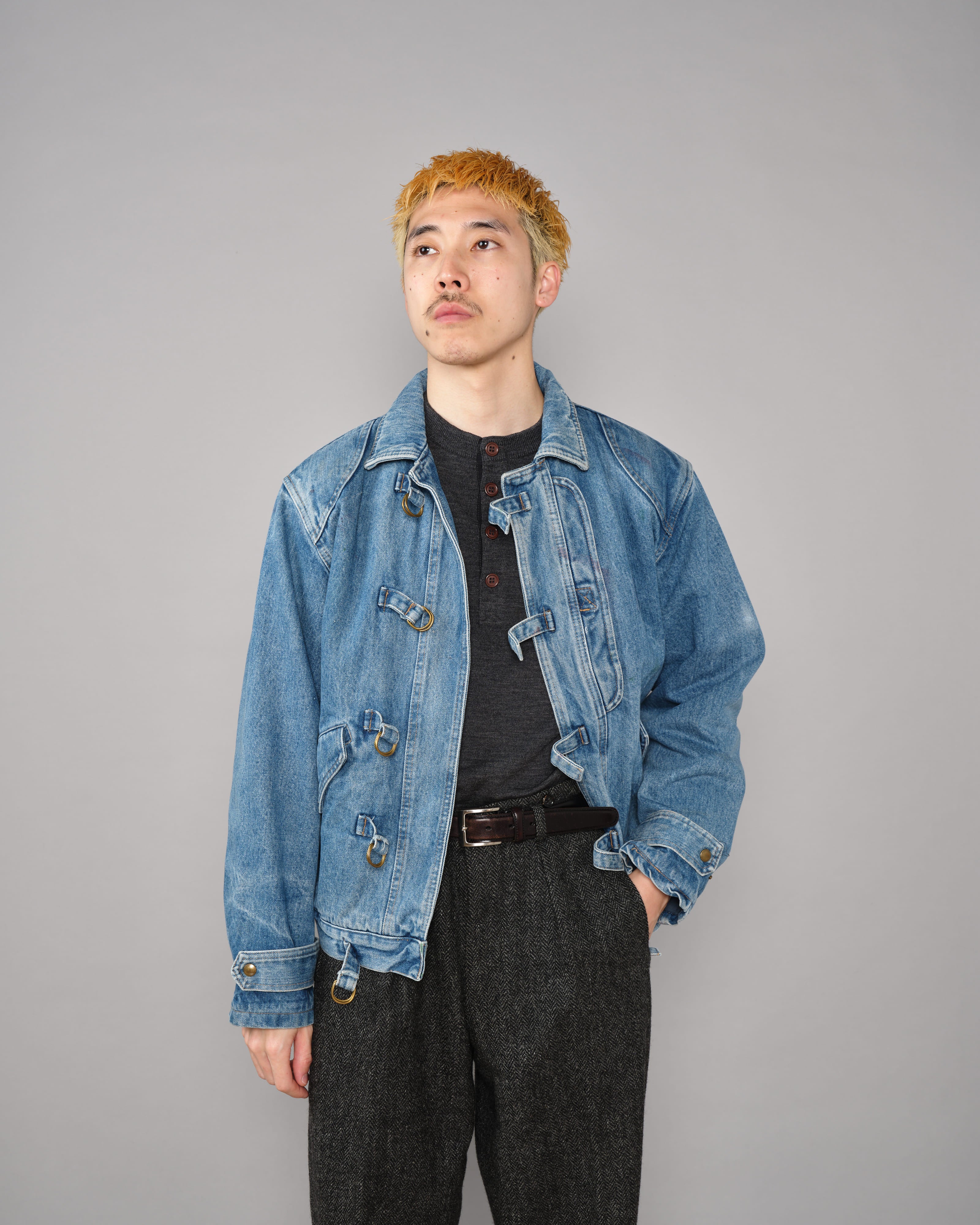 【~80’s】Italian Vintage D-ring Strap Front Design Denim Blouson Size.44