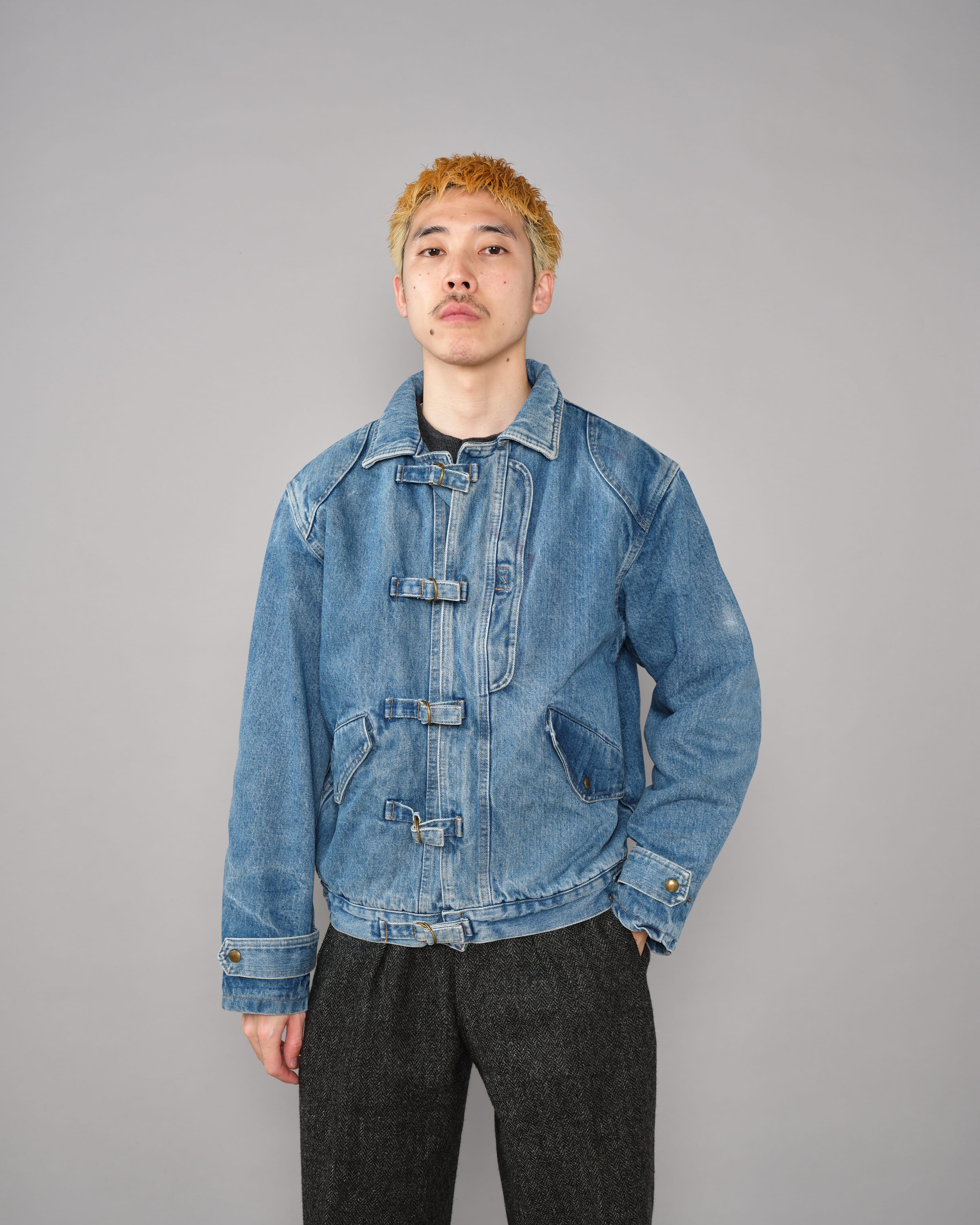 【~80’s】Italian Vintage D-ring Strap Front Design Denim Blouson Size.44