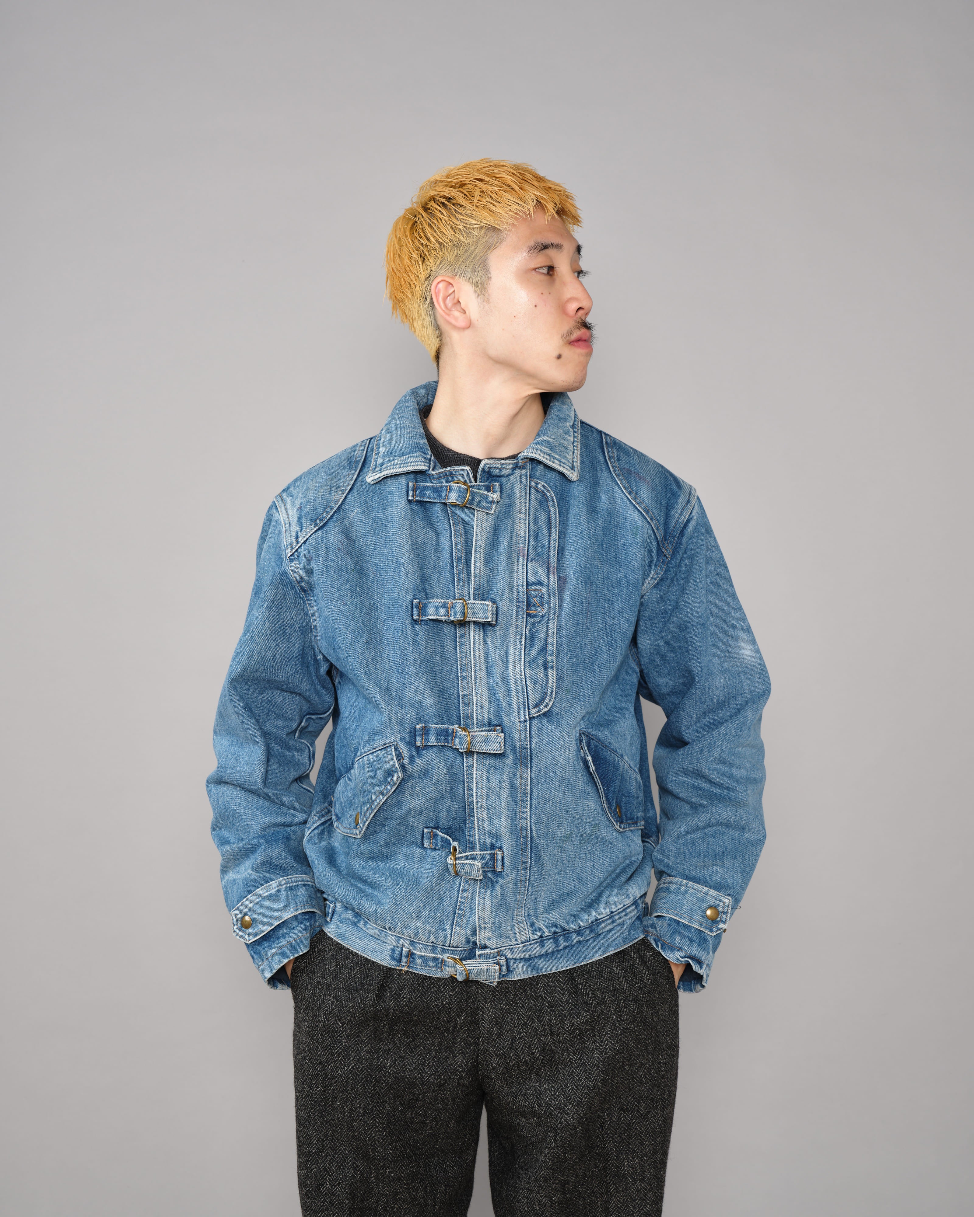 【~80’s】Italian Vintage D-ring Strap Front Design Denim Blouson Size.44