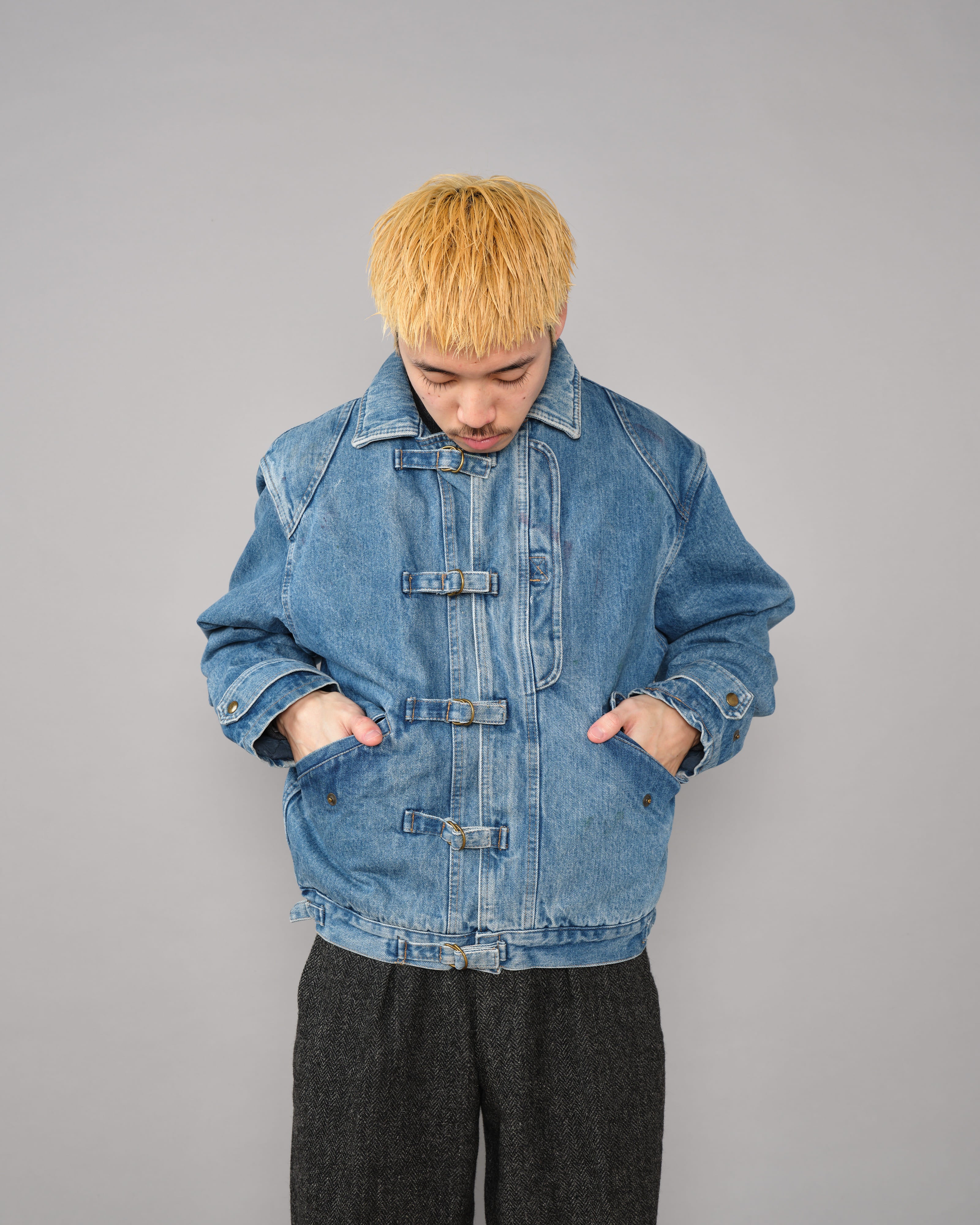 【~80’s】Italian Vintage D-ring Strap Front Design Denim Blouson Size.44