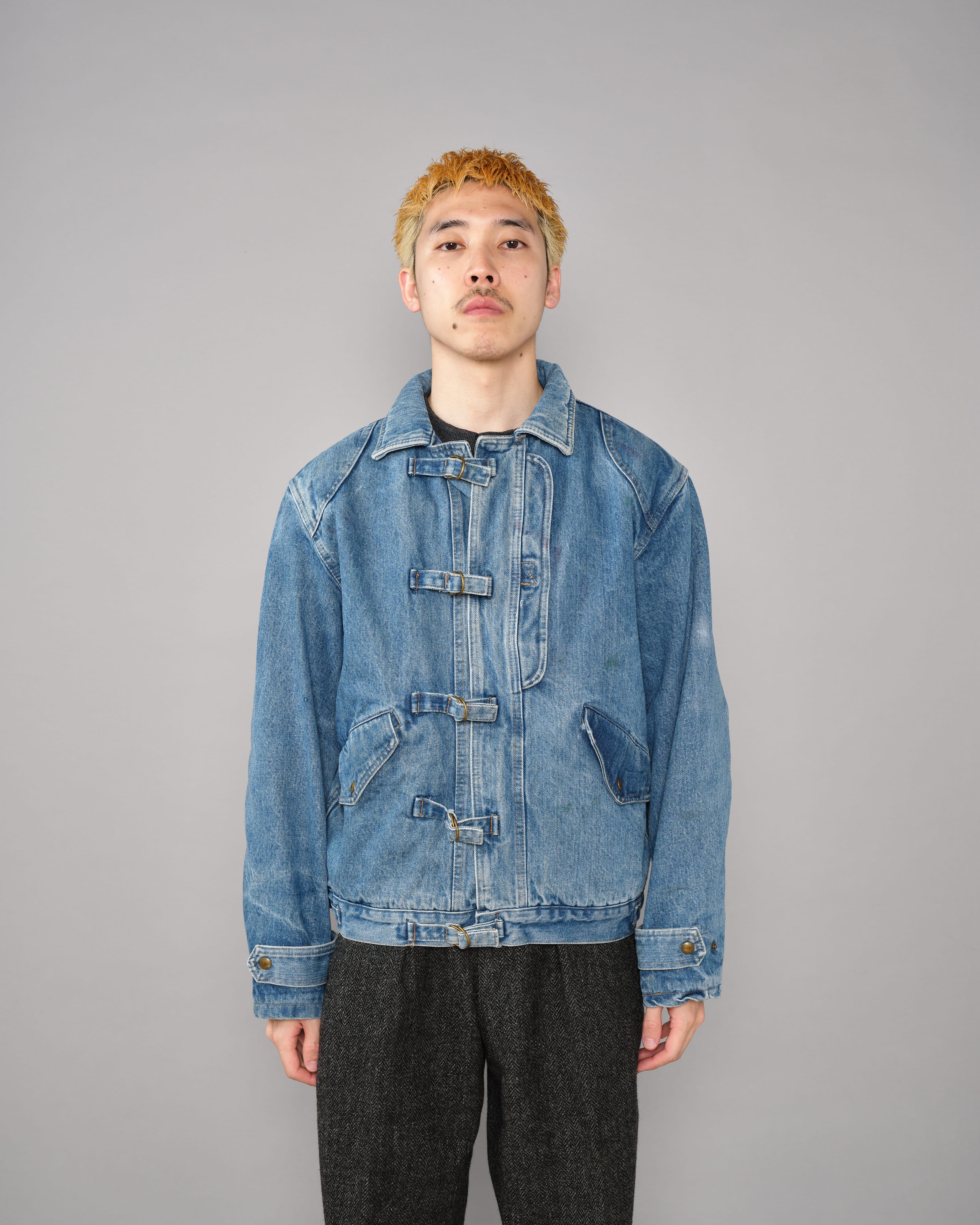 【~80’s】Italian Vintage D-ring Strap Front Design Denim Blouson Size.44