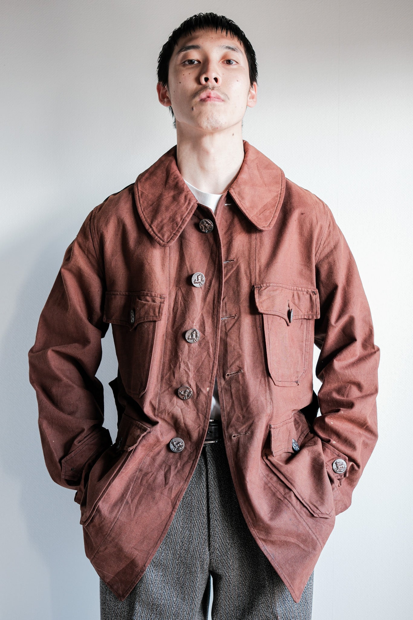【~20's】French Vintage Reddish Brown Cotton Linen Hunting Jacket