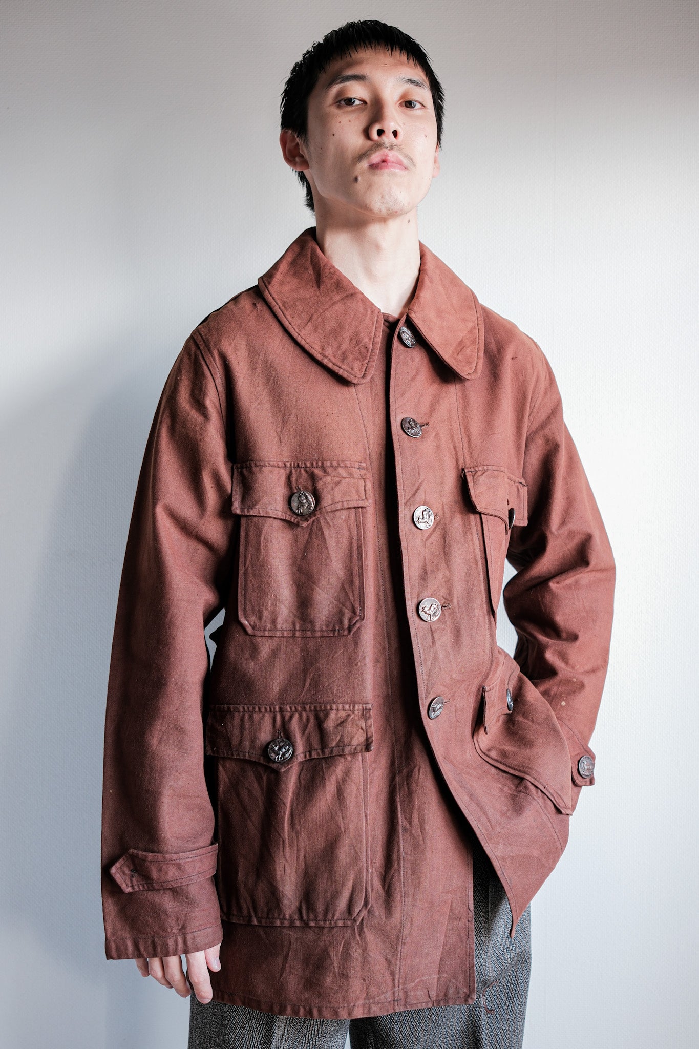 【~20's】French Vintage Reddish Brown Cotton Linen Hunting Jacket