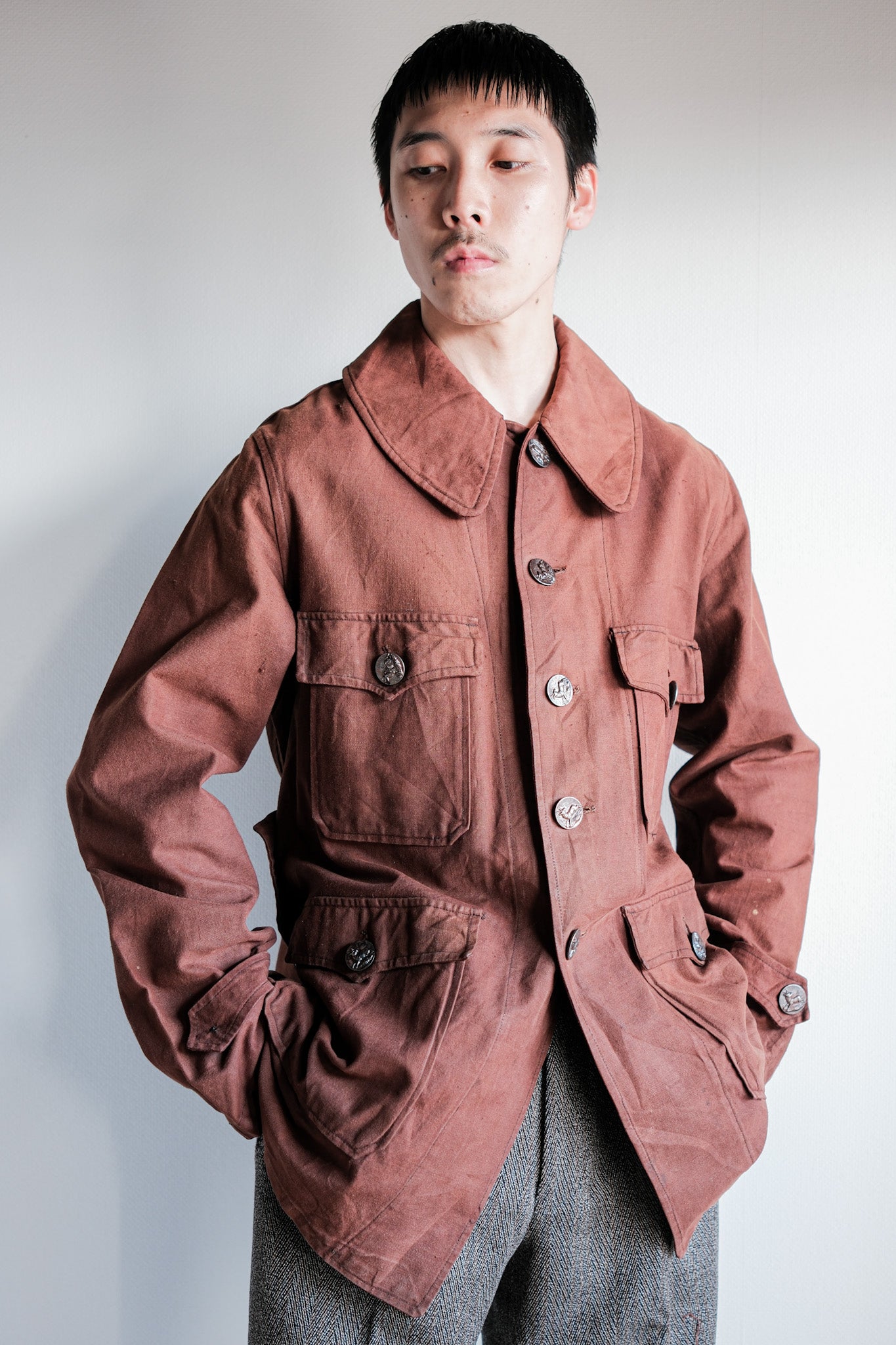 【~20's】French Vintage Reddish Brown Cotton Linen Hunting Jacket
