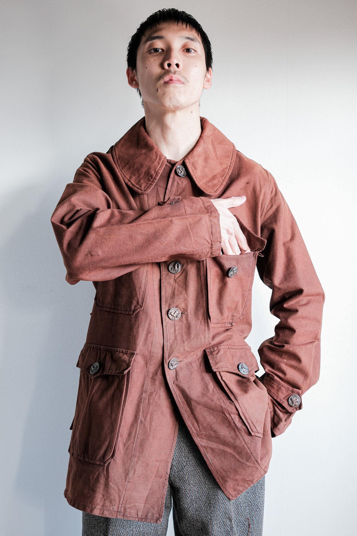 【~20's】French Vintage Reddish Brown Cotton Linen Hunting Jacket