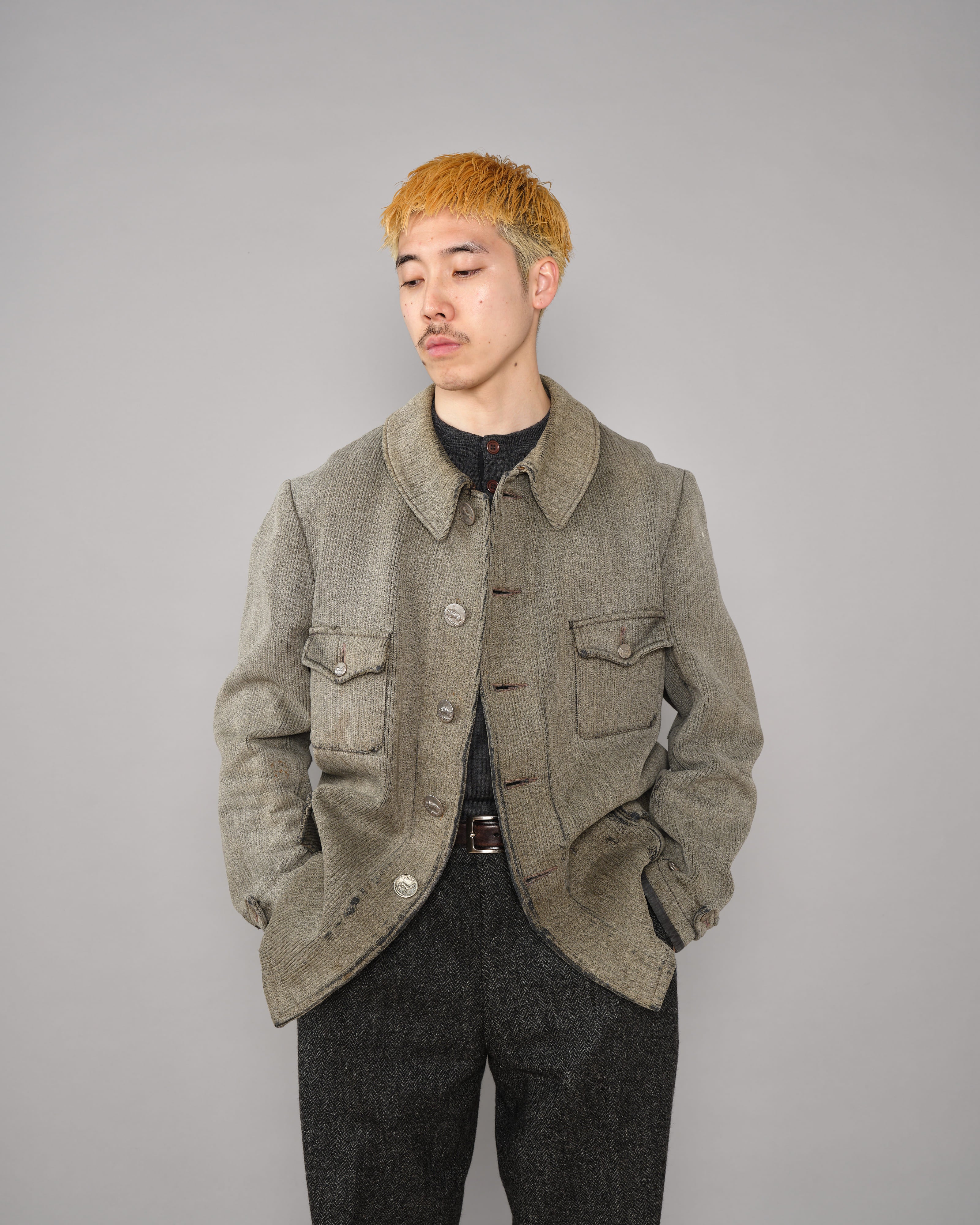 【~40's】French Vintage Gray Cotton Pique Hunting Jacket "Salt & Pepper Lining"