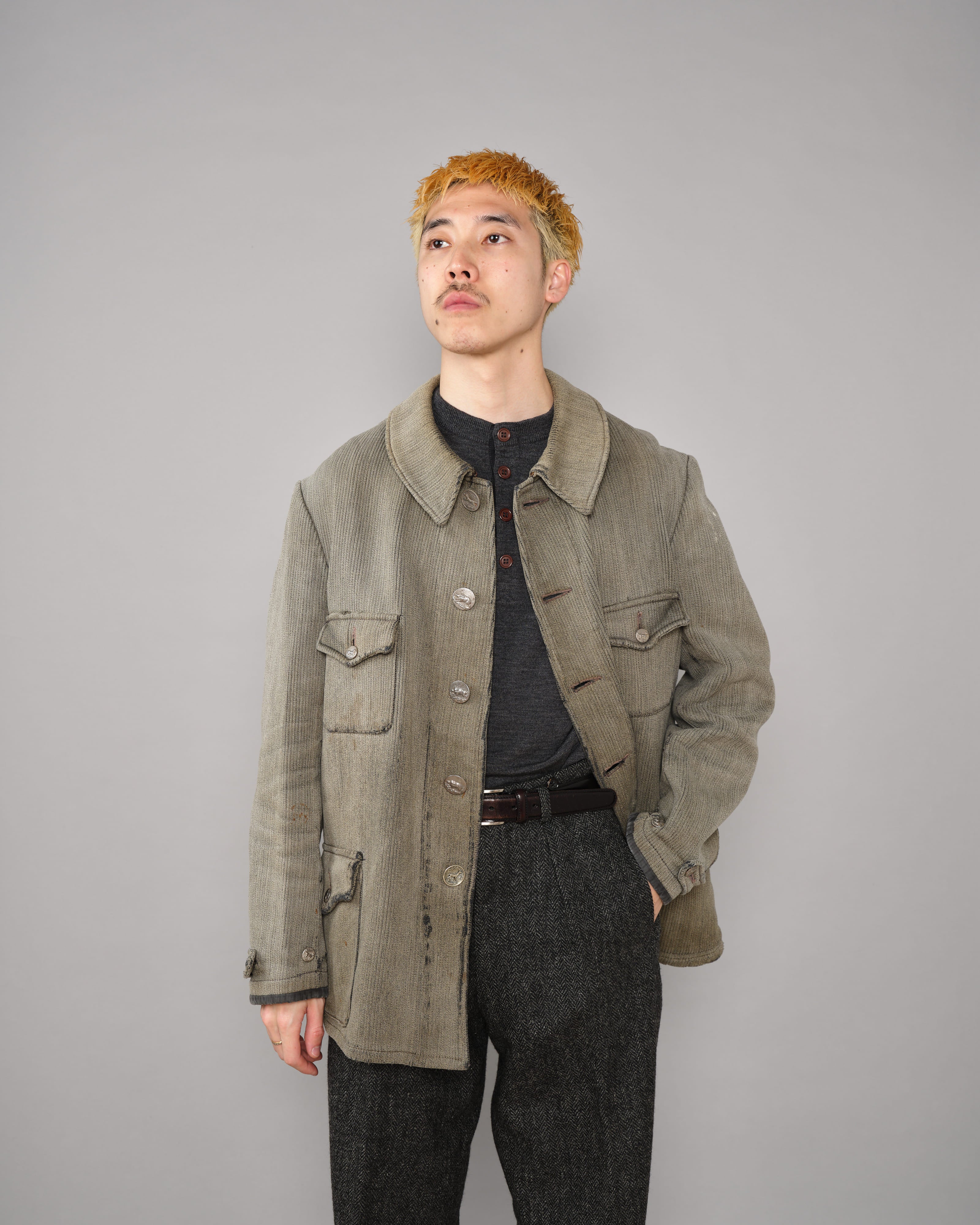 【~40's】French Vintage Gray Cotton Pique Hunting Jacket "Salt & Pepper Lining"