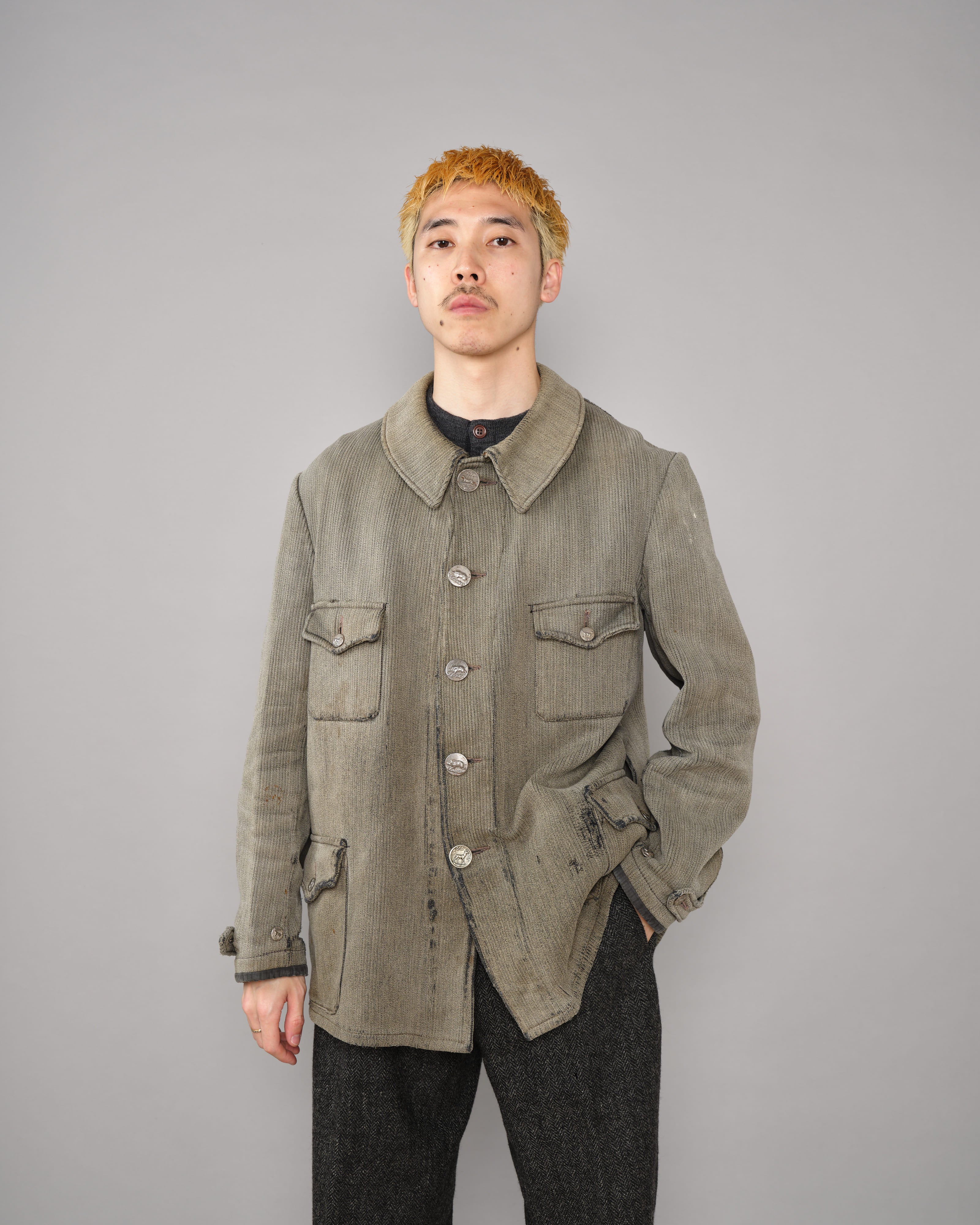 【~40's】French Vintage Gray Cotton Pique Hunting Jacket "Salt & Pepper Lining"