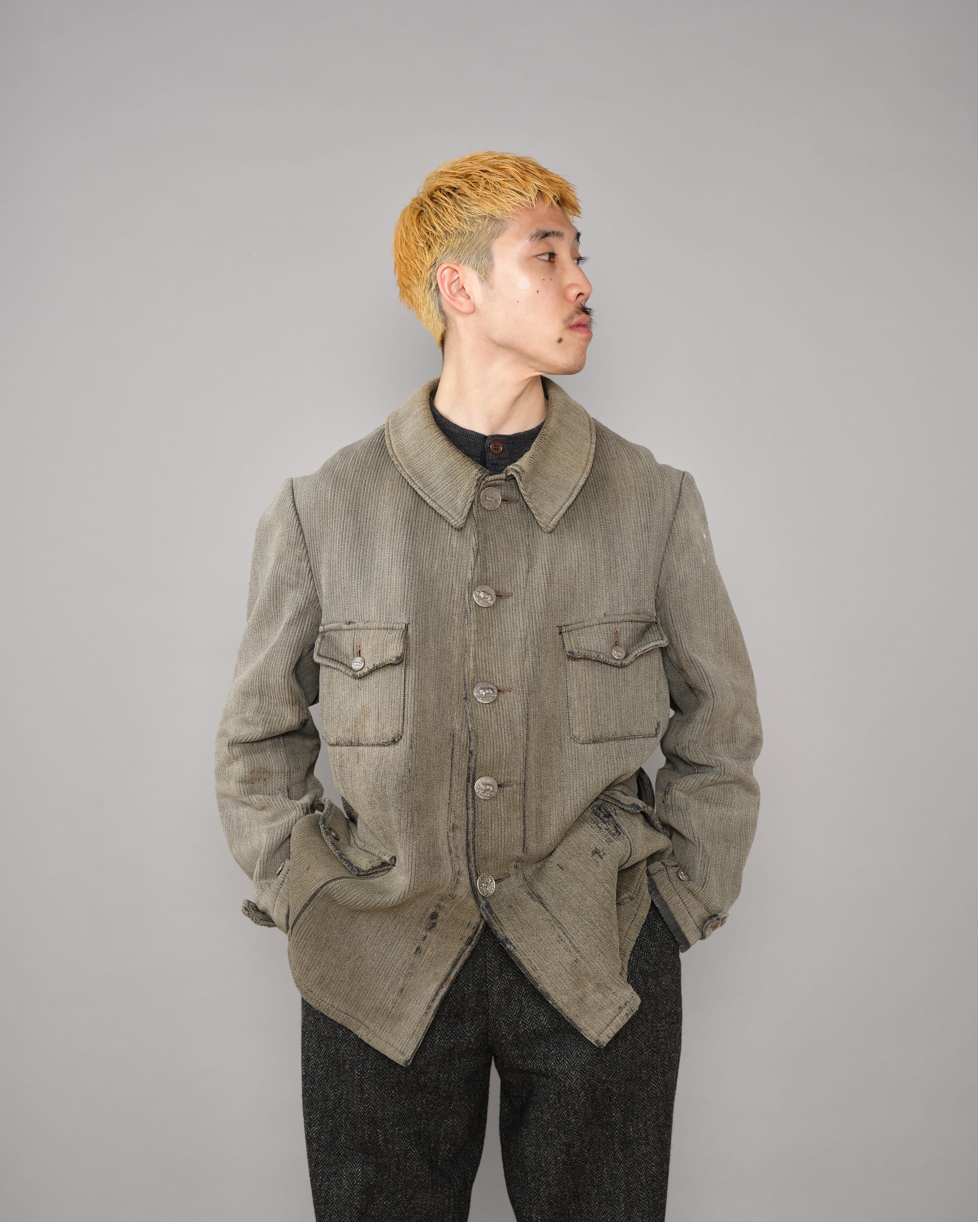 【~40's】French Vintage Gray Cotton Pique Hunting Jacket "Salt & Pepper Lining"