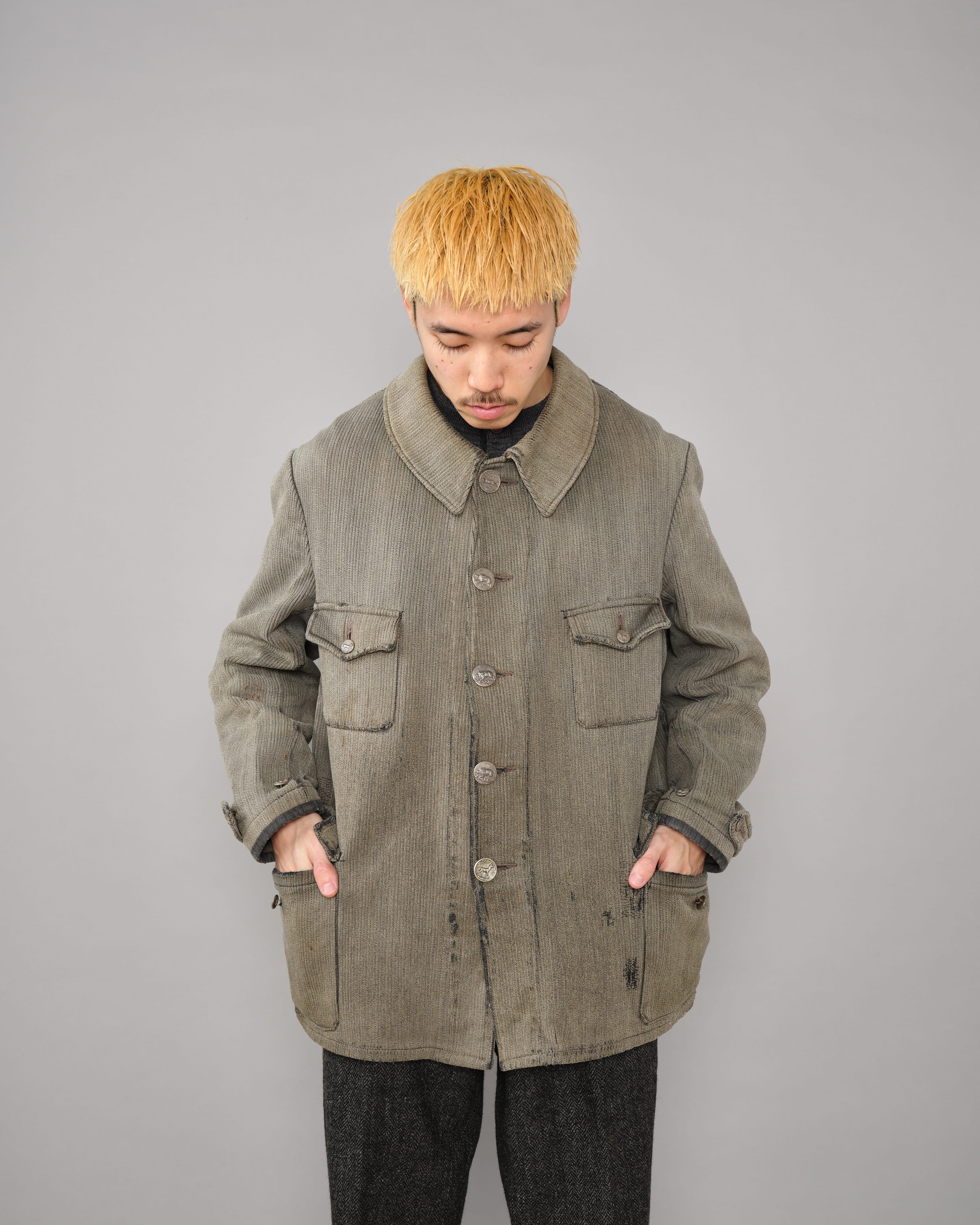 【~40's】French Vintage Gray Cotton Pique Hunting Jacket "Salt & Pepper Lining"