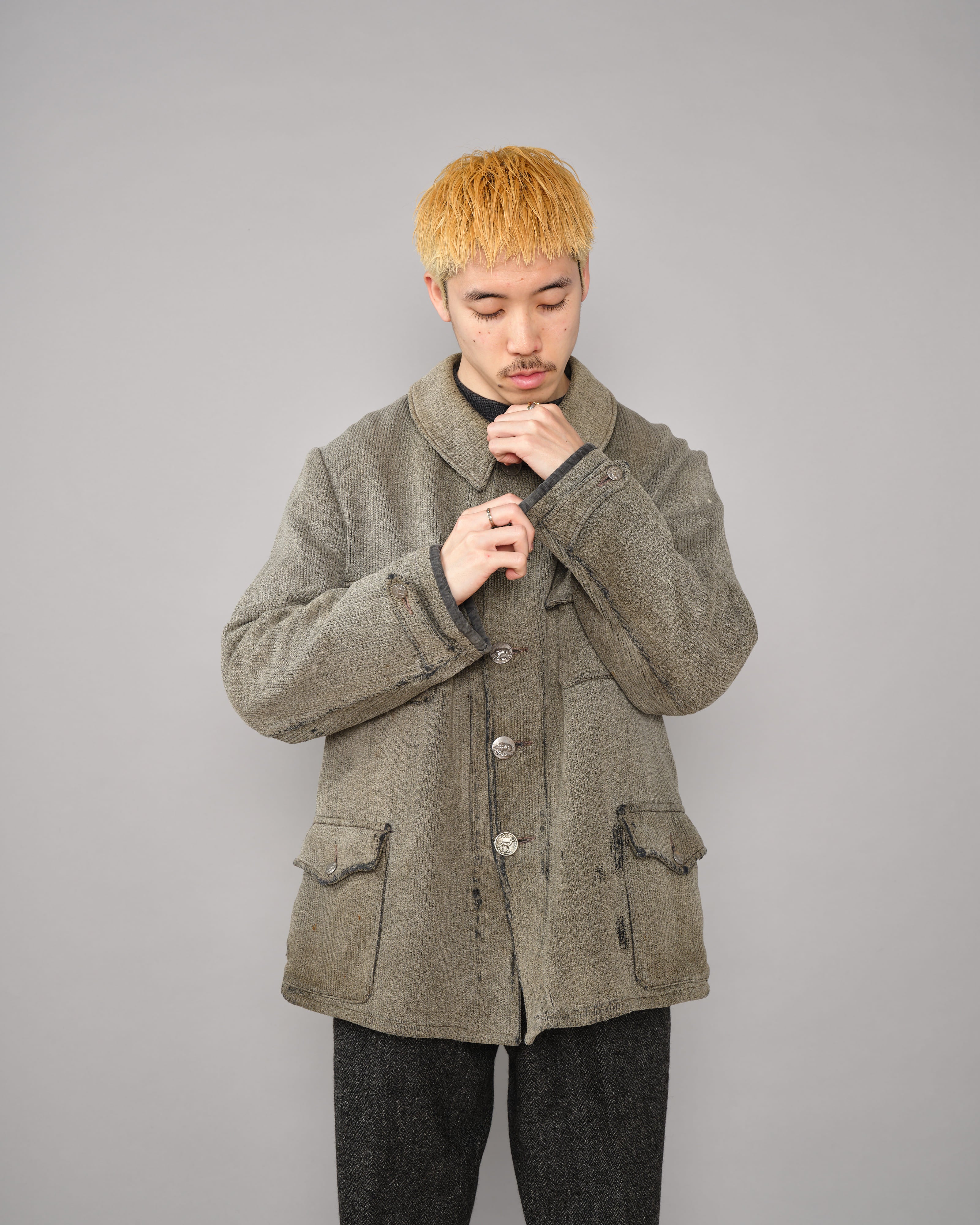 【~40's】French Vintage Gray Cotton Pique Hunting Jacket "Salt & Pepper Lining"