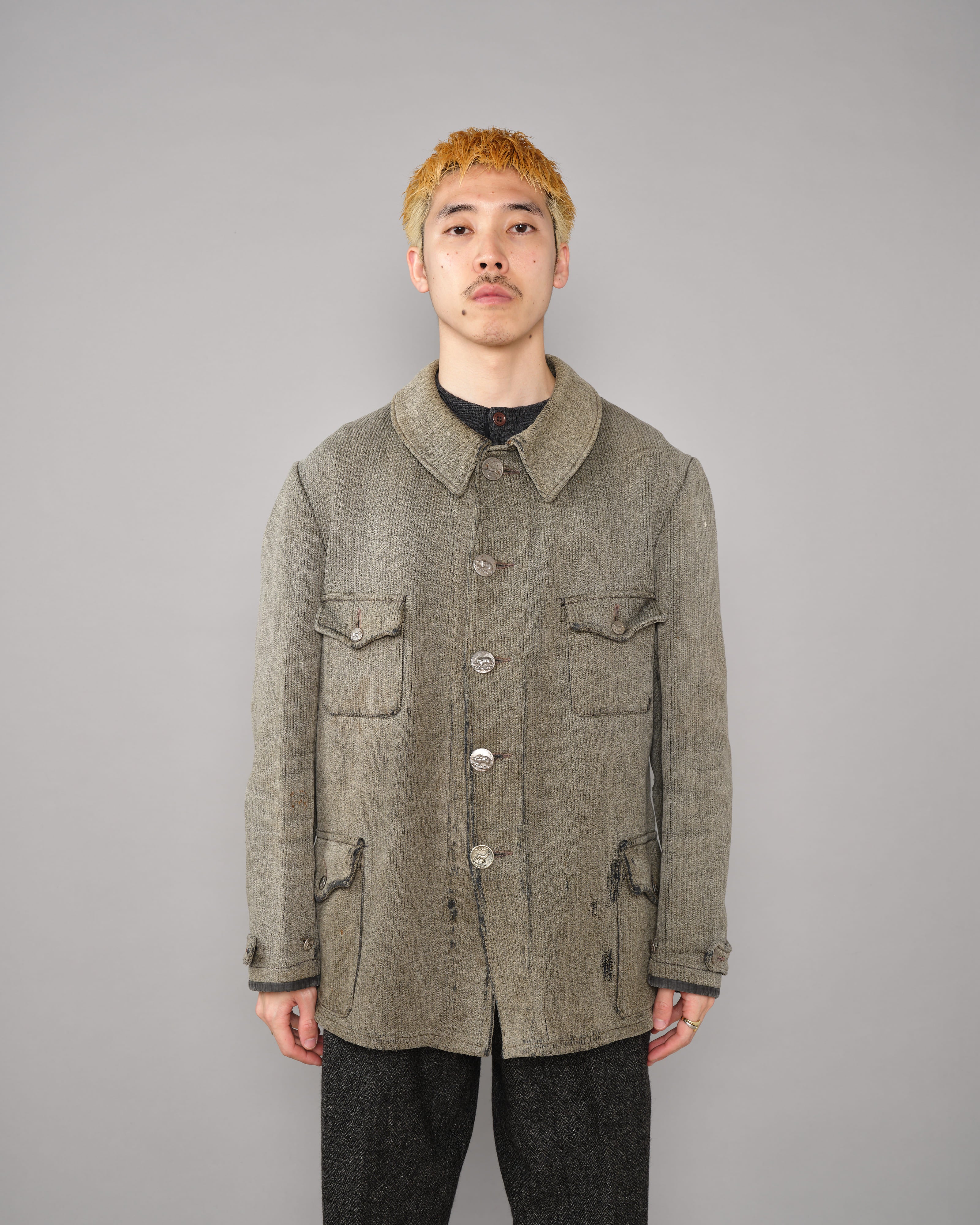 【~40's】French Vintage Gray Cotton Pique Hunting Jacket "Salt & Pepper Lining"