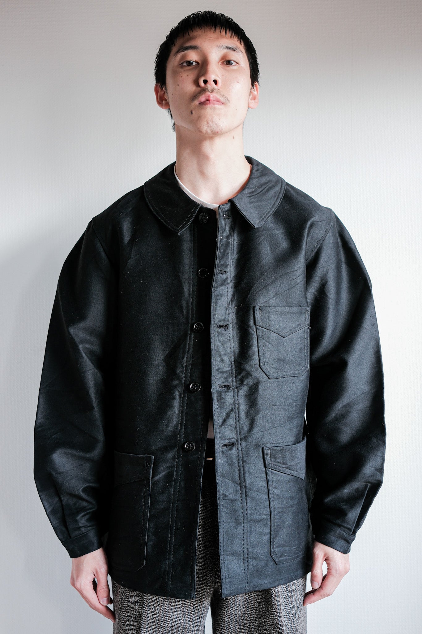 【~30's】French Vintage Black Moleskin Work Jacket "Le Mont St. Michel"