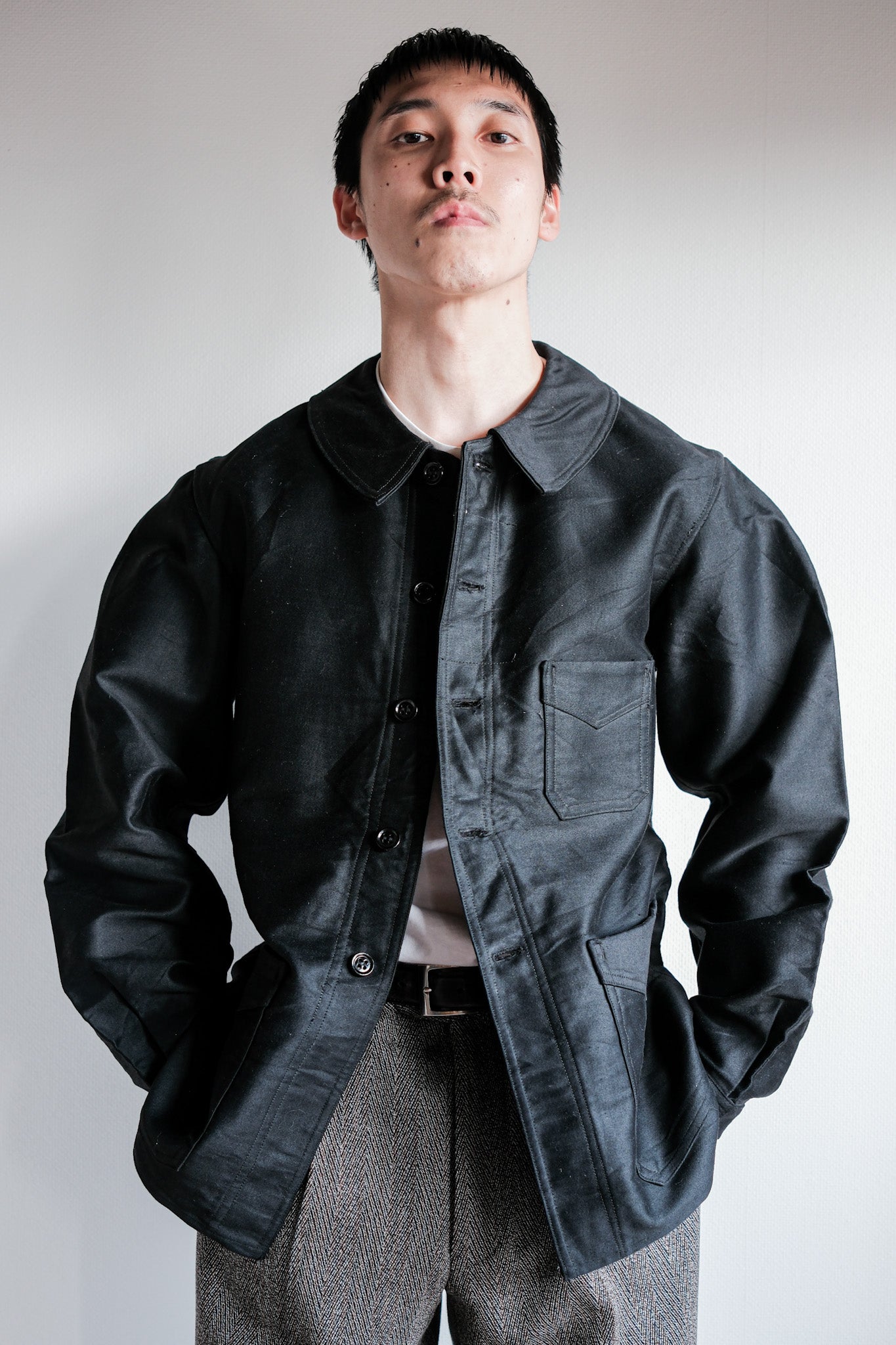 【~30's】French Vintage Black Moleskin Work Jacket "Le Mont St. Michel"