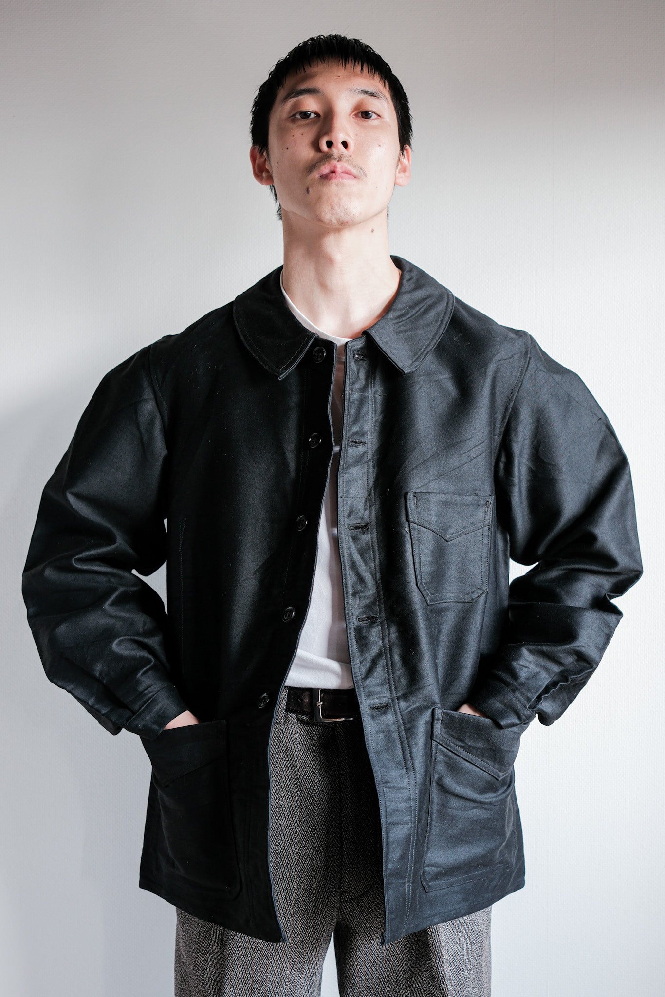 【~30's】French Vintage Black Moleskin Work Jacket "Le Mont St. Michel"