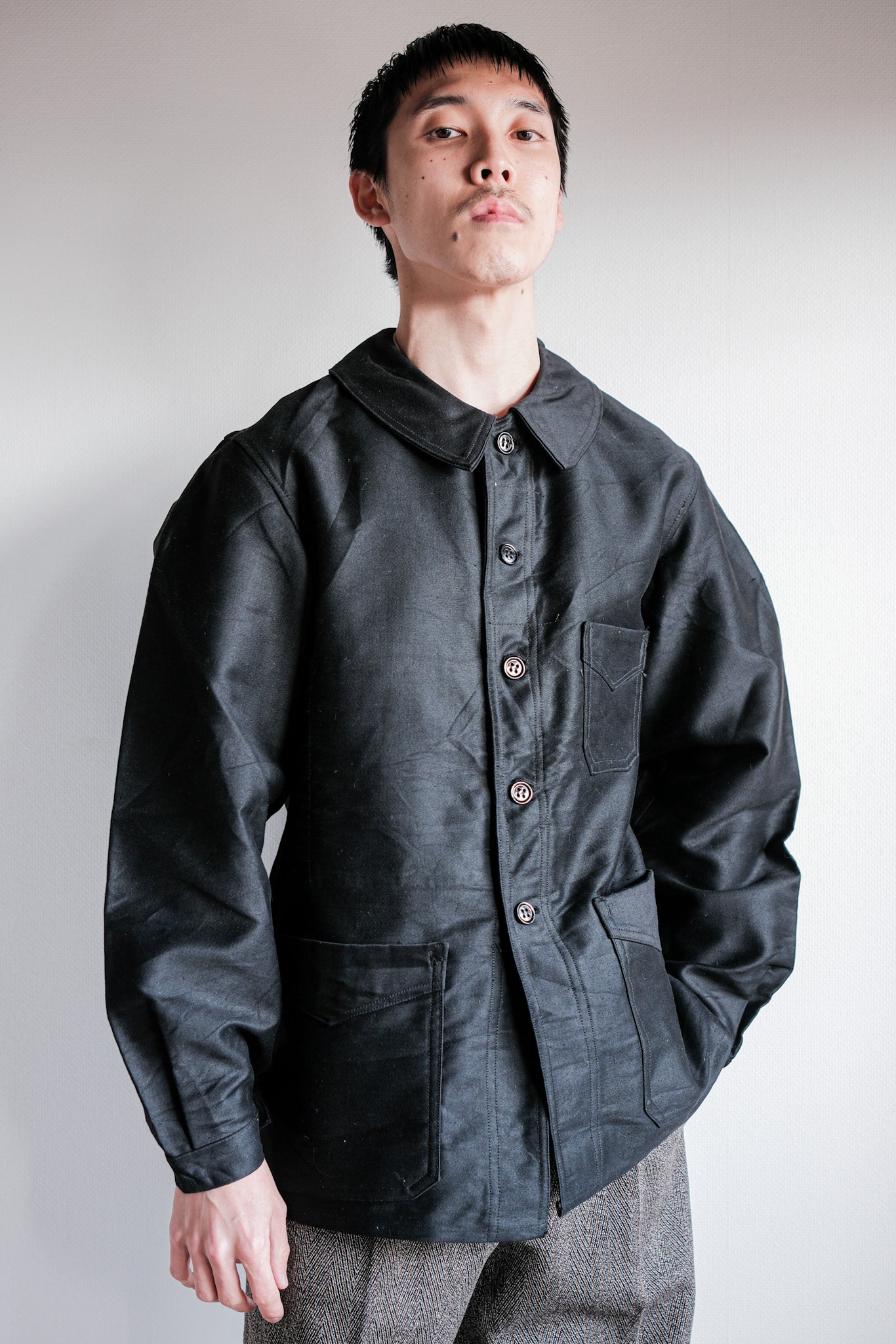 【~30's】French Vintage Black Moleskin Work Jacket "Le Mont St. Michel"