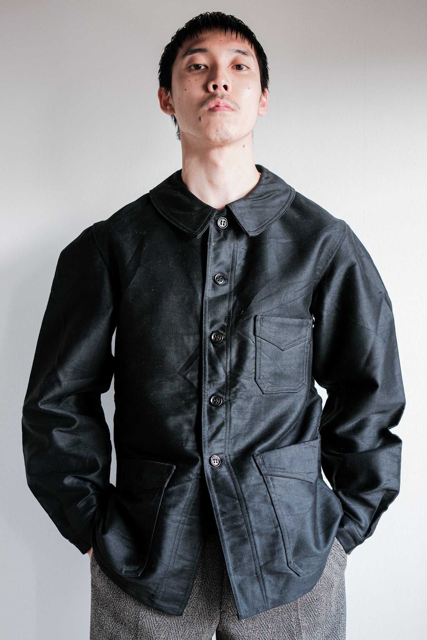 【~30's】French Vintage Black Moleskin Work Jacket "Le Mont St. Michel"