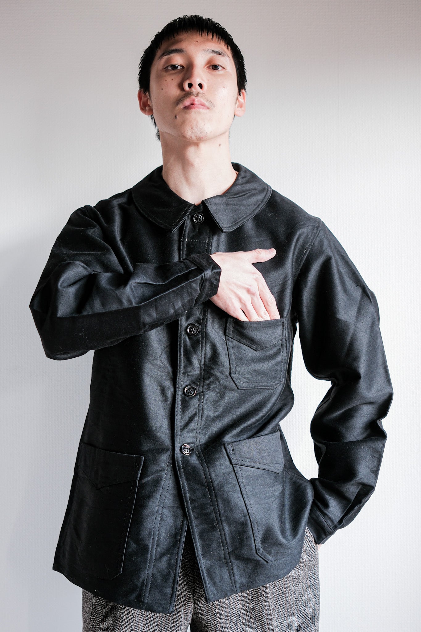 【~30's】French Vintage Black Moleskin Work Jacket "Le Mont St. Michel"