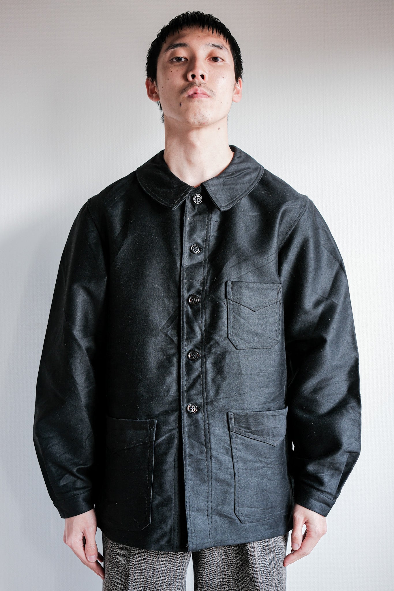 【~30's】French Vintage Black Moleskin Work Jacket "Le Mont St. Michel"