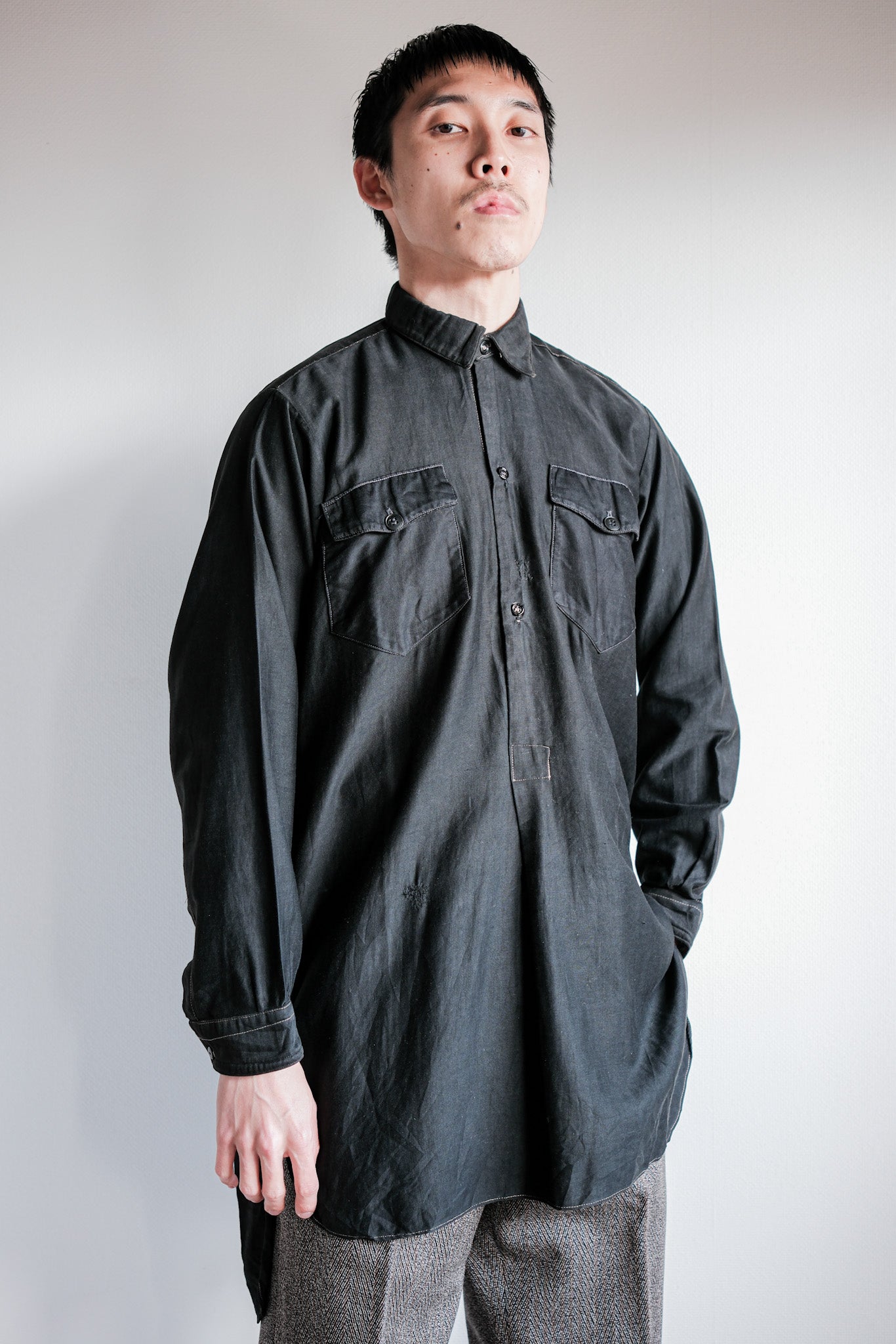 【~30's】French Vintage Black Light Moleskin Grandpa Shirt