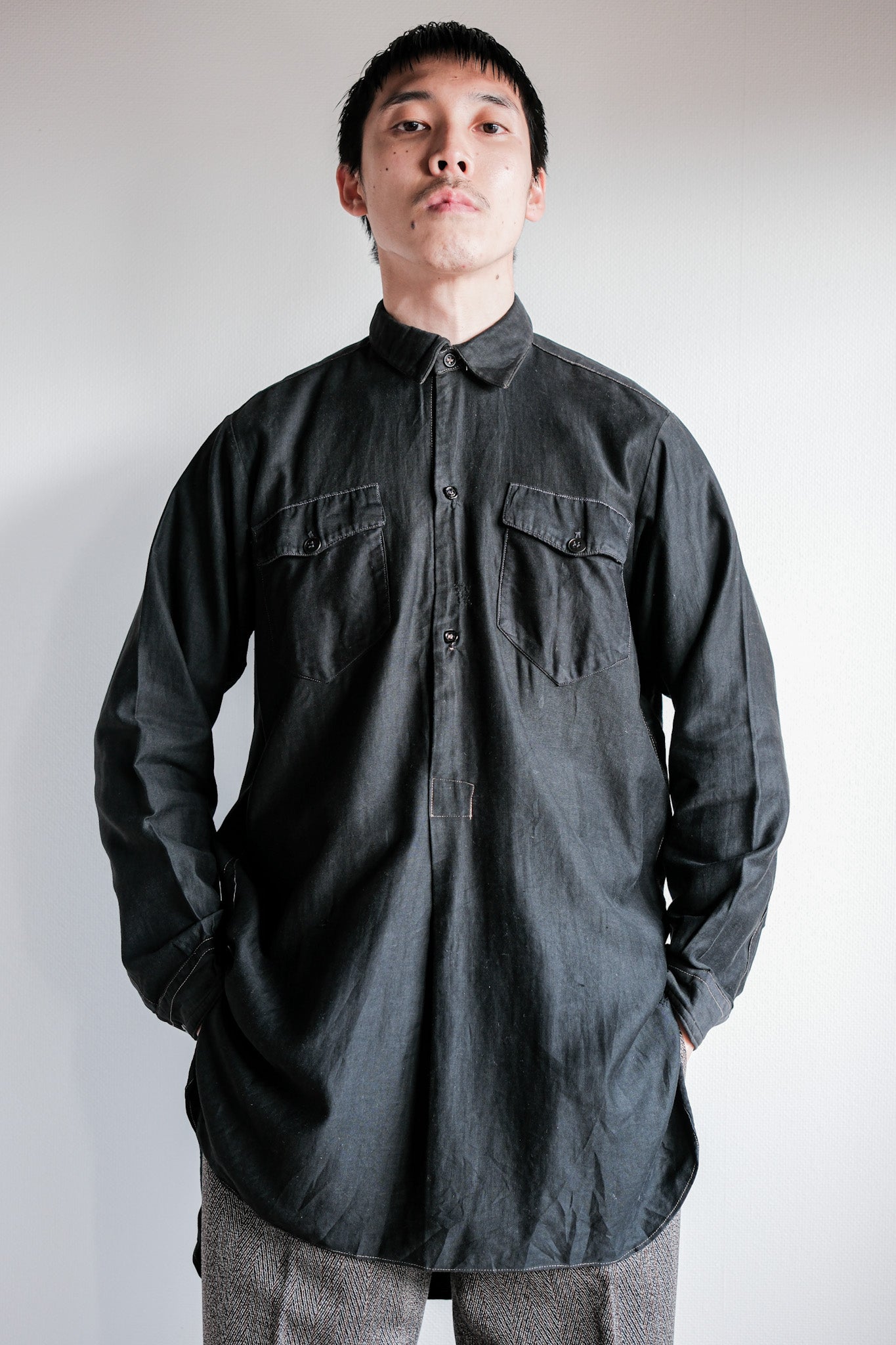 【~30's】French Vintage Black Light Moleskin Grandpa Shirt