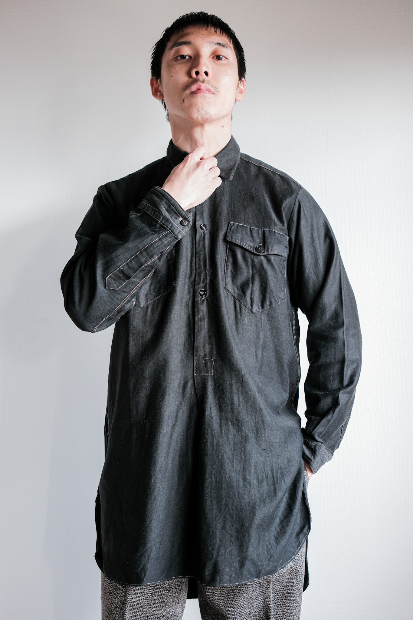【~30's】French Vintage Black Light Moleskin Grandpa Shirt