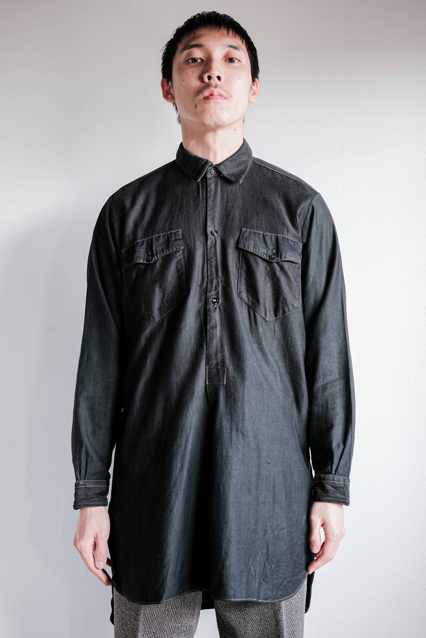 【~30's】French Vintage Black Light Moleskin Grandpa Shirt