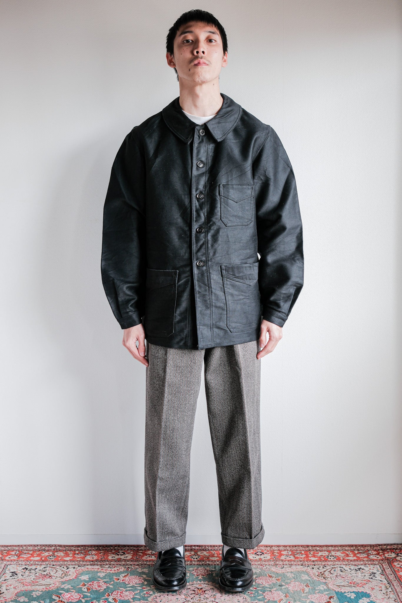 【~30's】French Vintage Black Moleskin Work Jacket "Le Mont St. Michel"