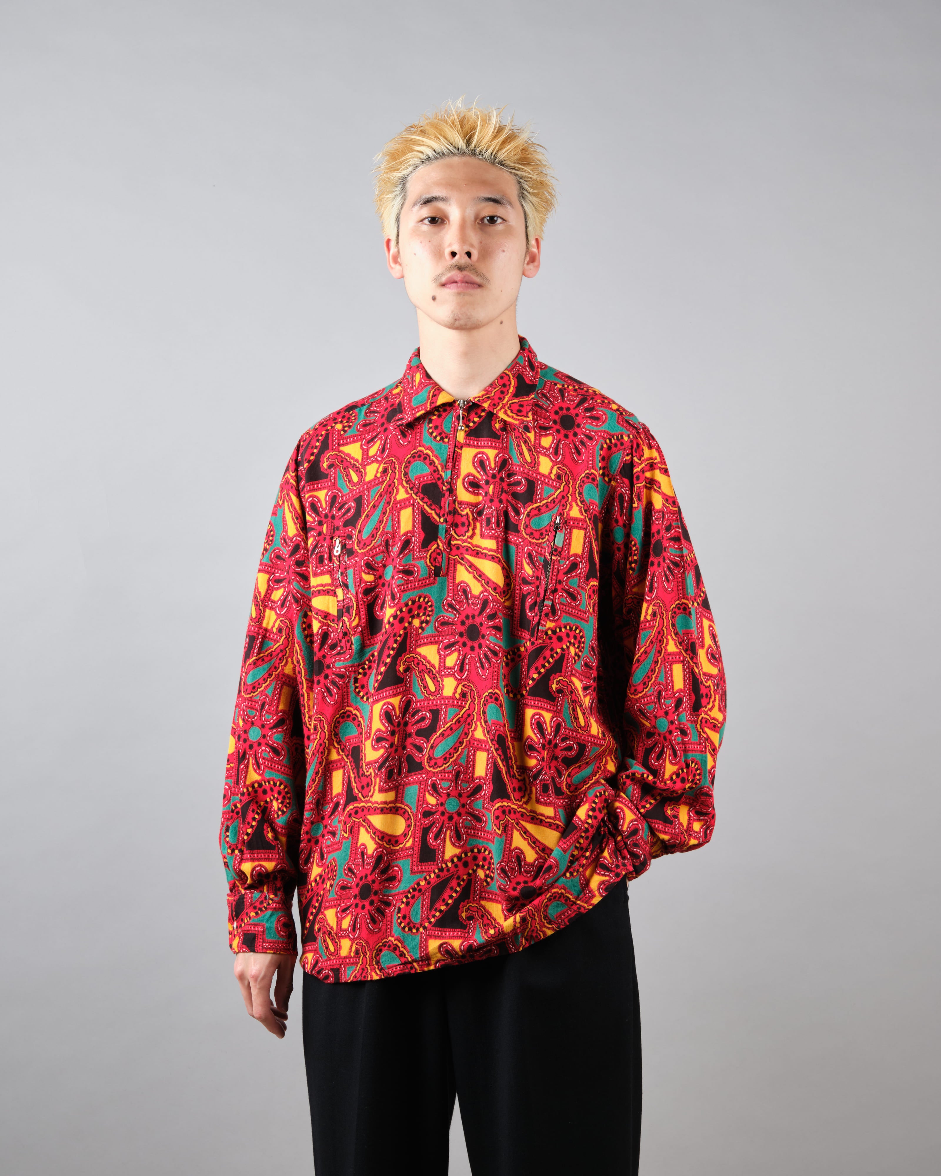 【~70’s】German Vintage Atomic Pattern Half Zip Rayon Shirt
