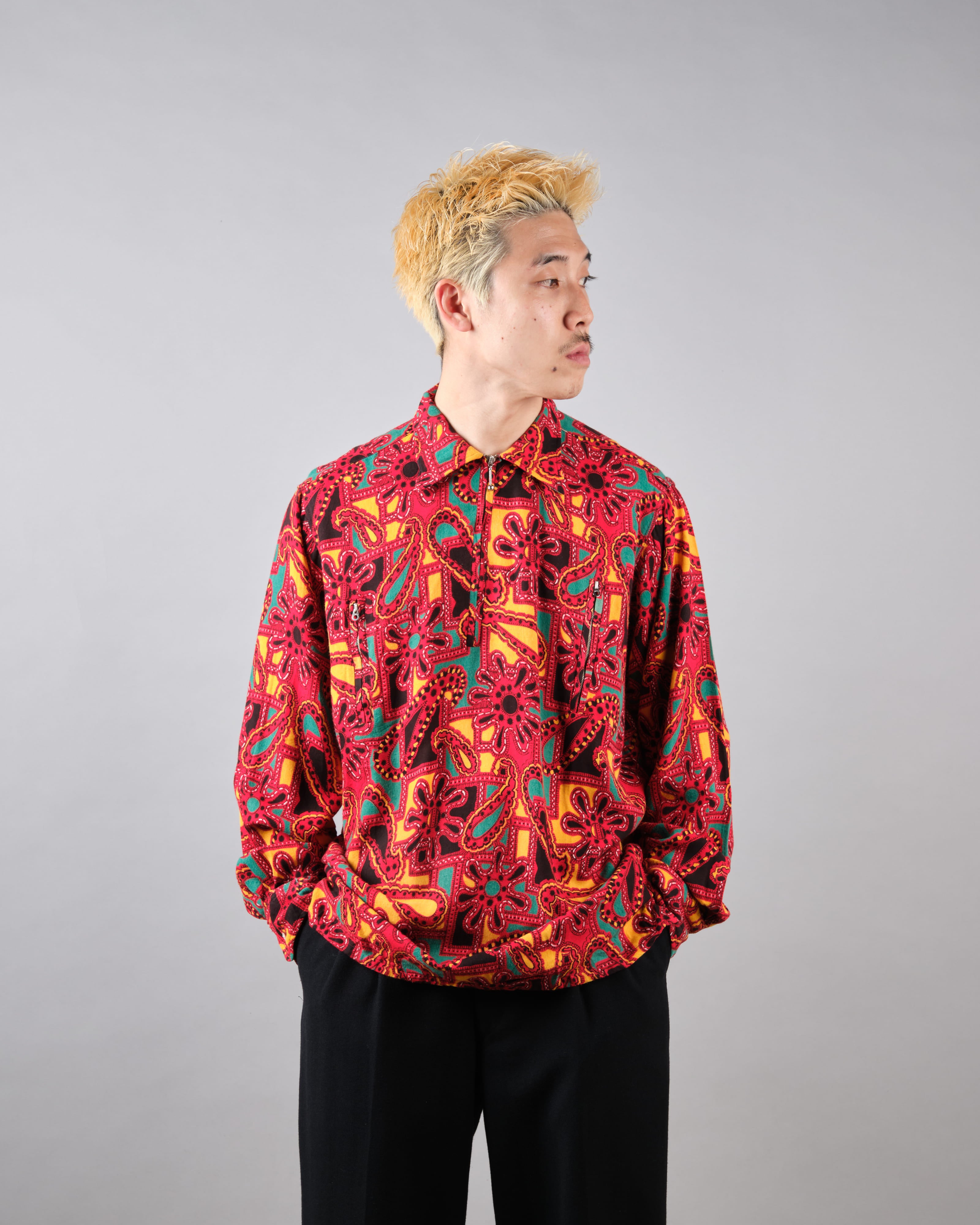 【~70’s】German Vintage Atomic Pattern Half Zip Rayon Shirt