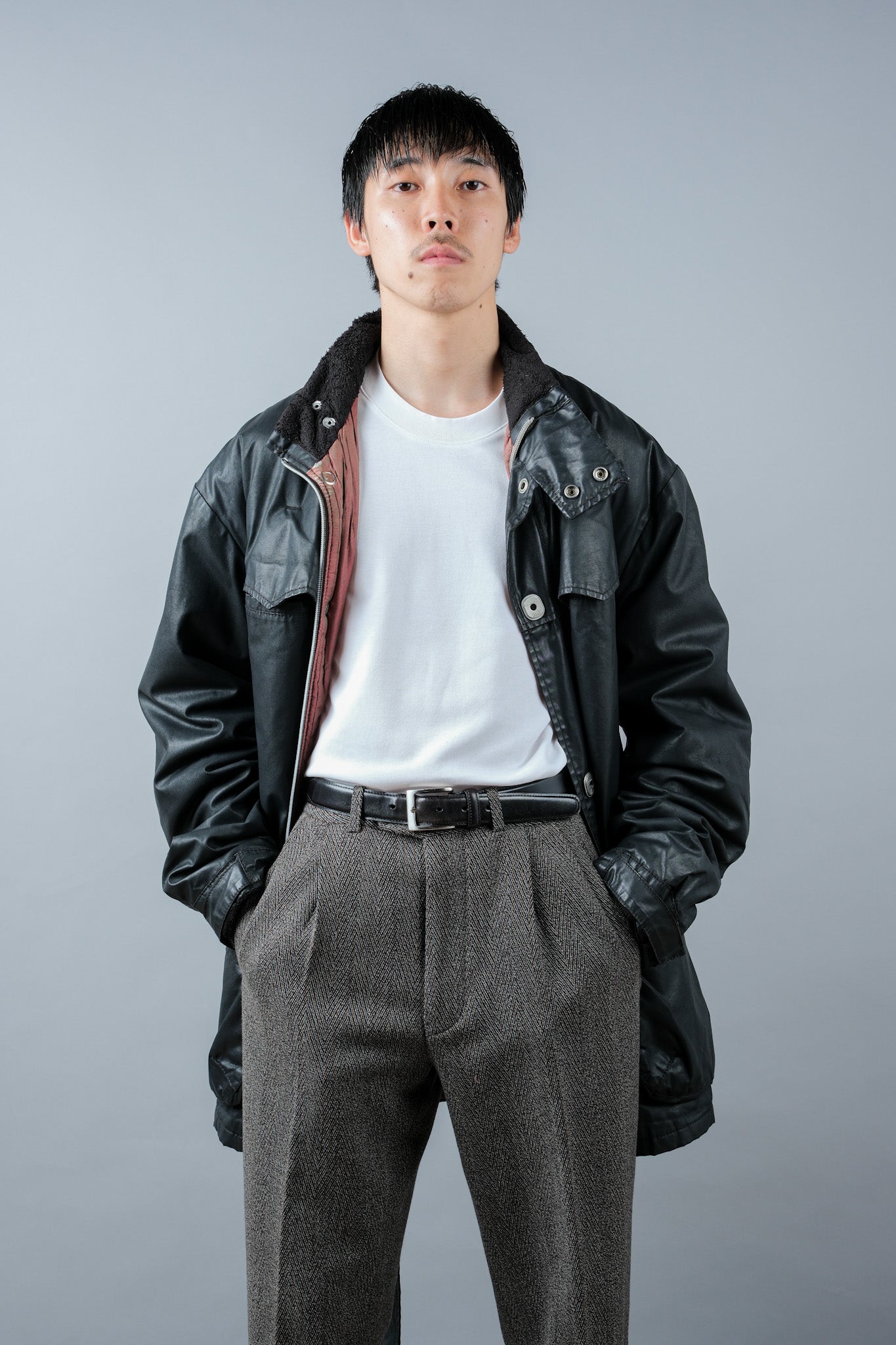 【~90’s】Old ARMANI JEANS Black Cotton Resina Belted Jacket Size.54