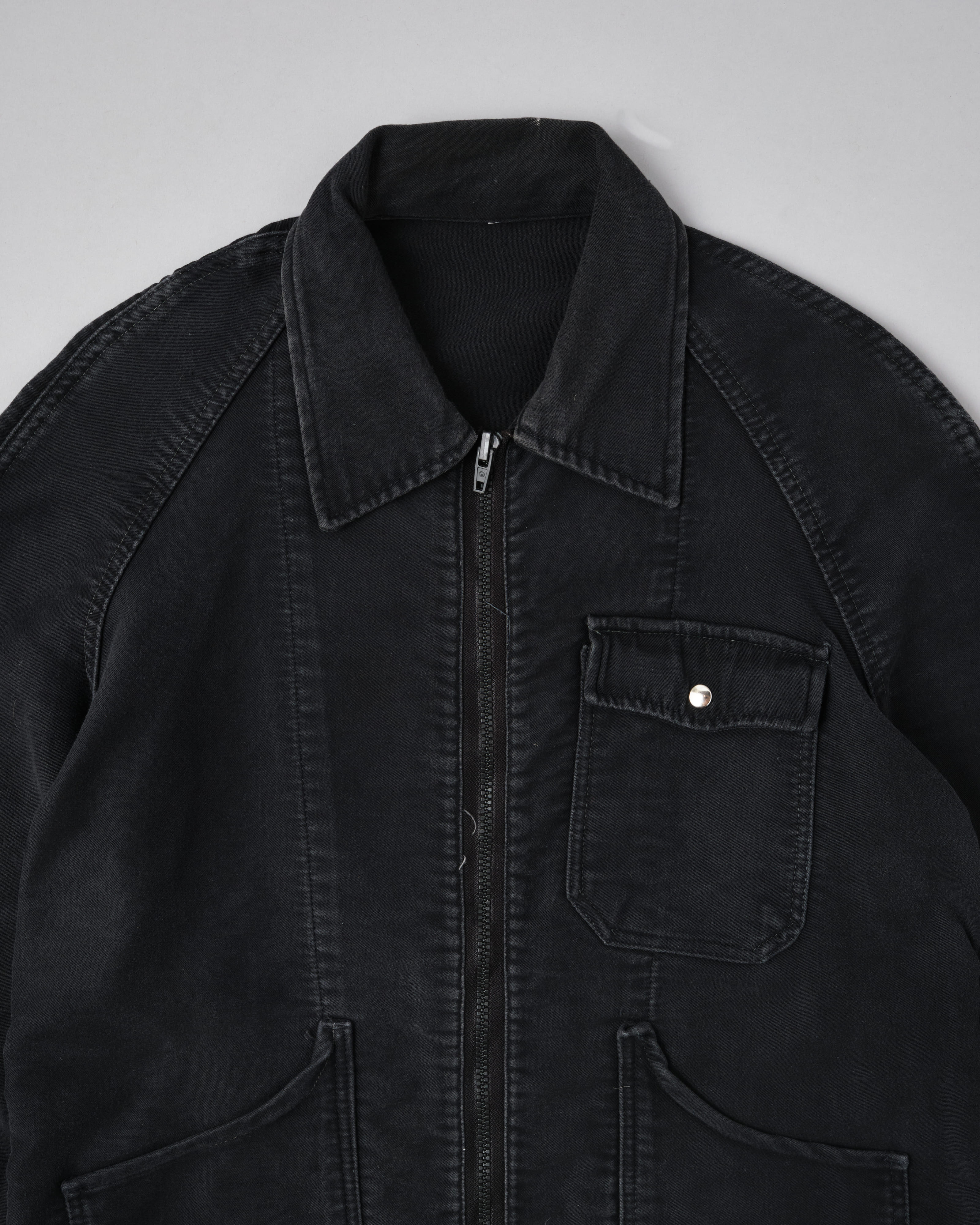 【~70's】Europe Vintage Raglan Sleeve Black Moleskin Zip Up Jacket