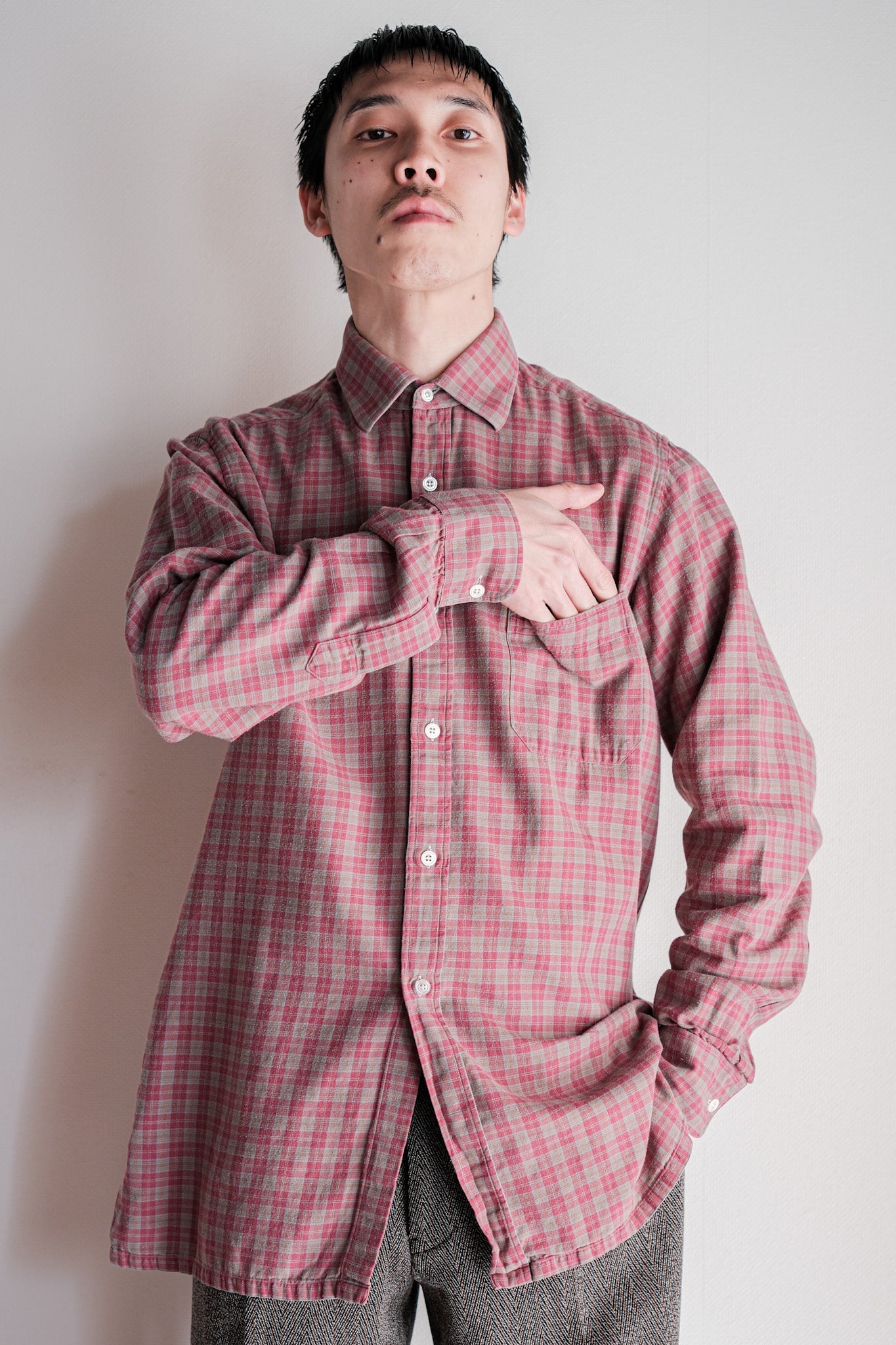 【~00's】Old Charvet Cotton Checked Shirt Size.38