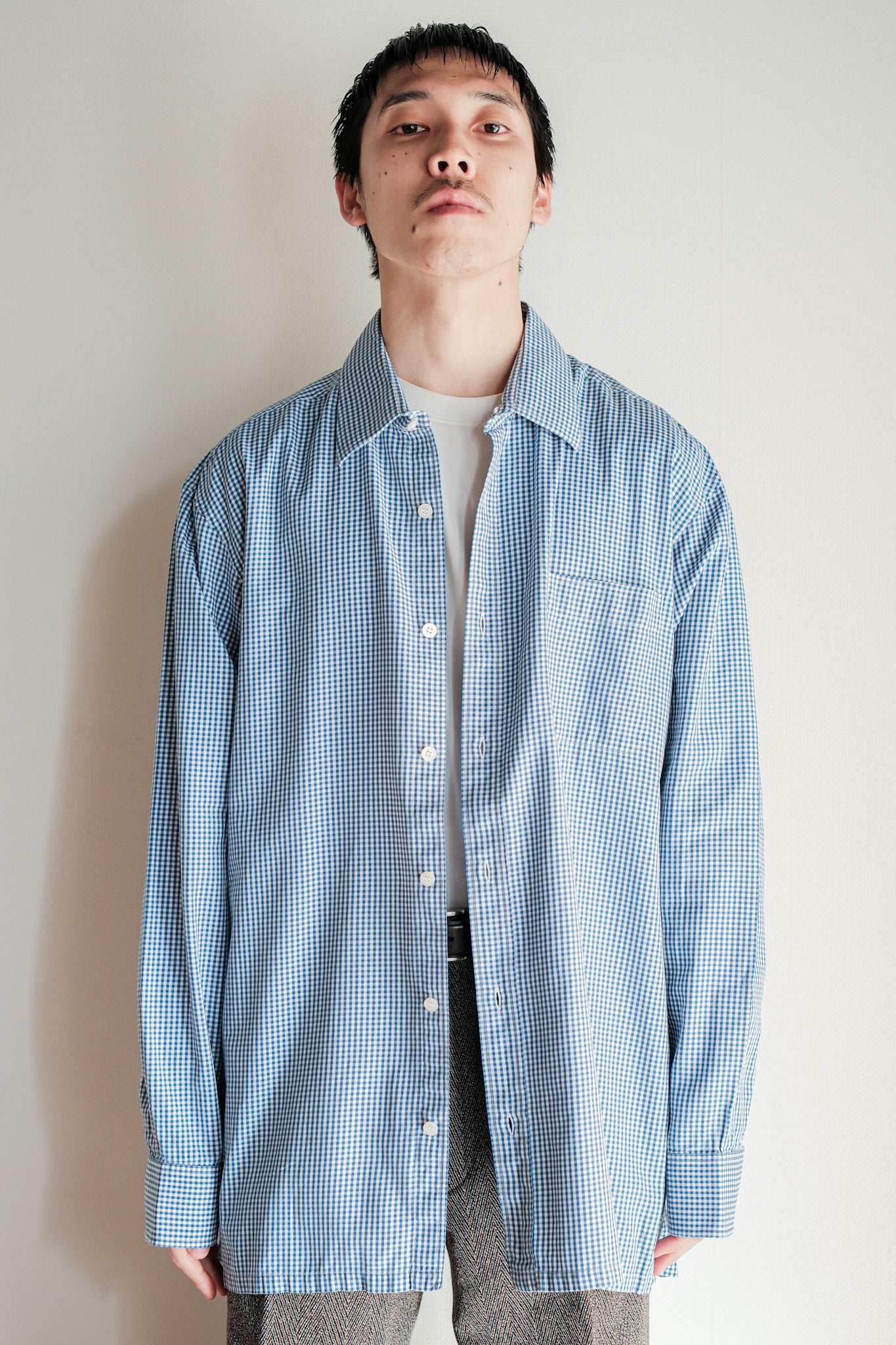 【~00's】Old Charvet Cotton Checked Dress Shirt "Bespoke"