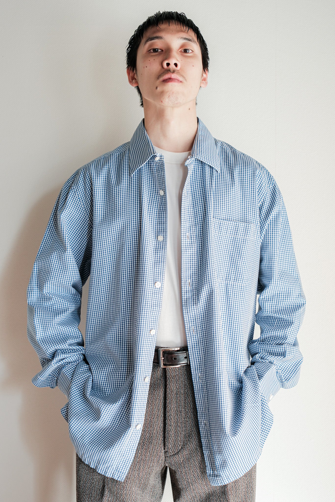 【~00's】Old Charvet Cotton Checked Dress Shirt "Bespoke"