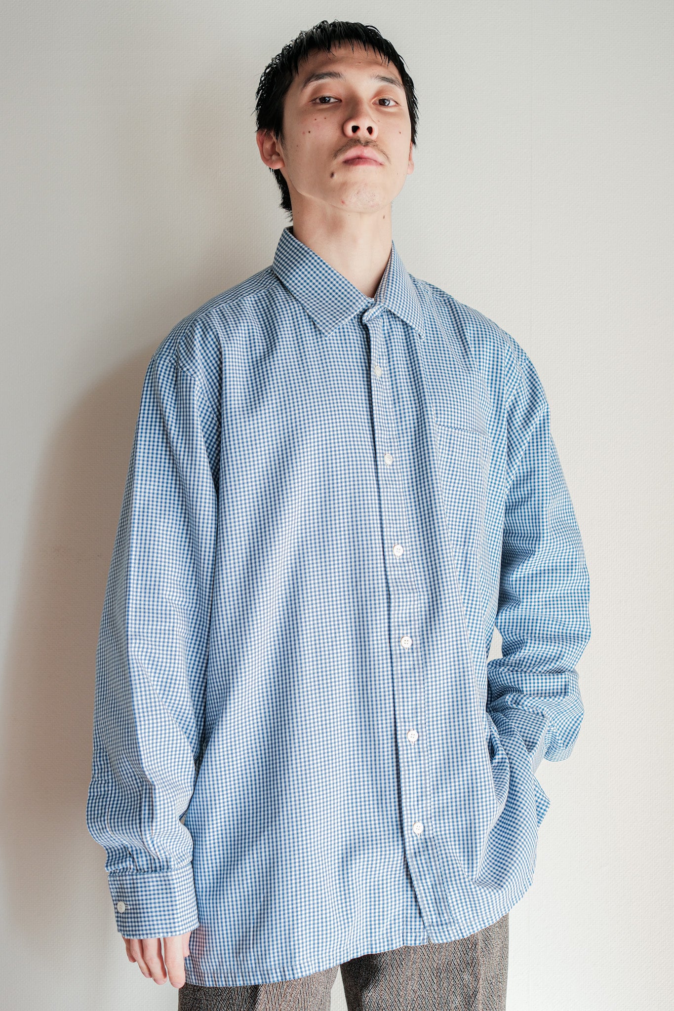 【~00's】Old Charvet Cotton Checked Dress Shirt "Bespoke"