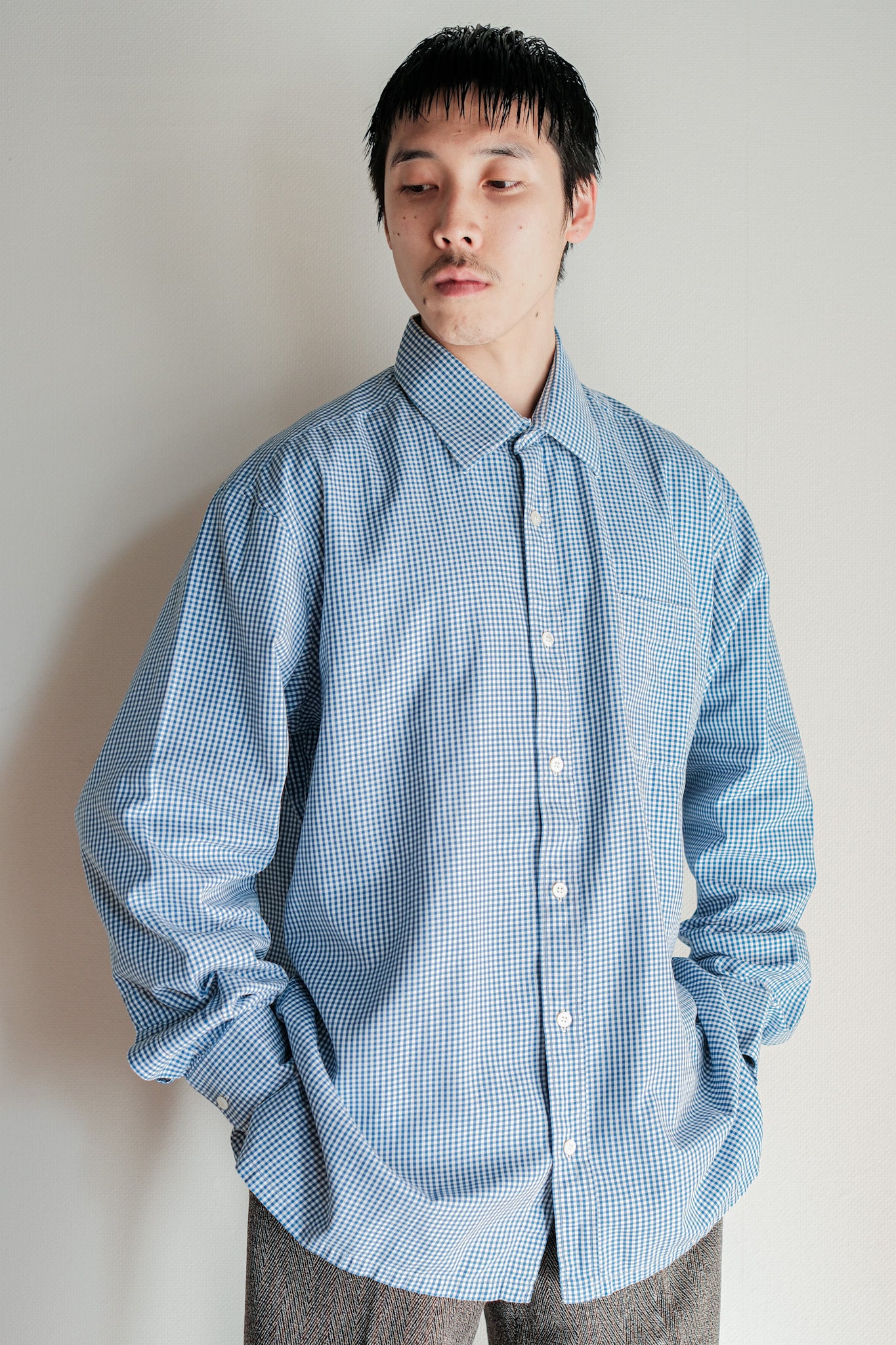 【~00's】Old Charvet Cotton Checked Dress Shirt "Bespoke"