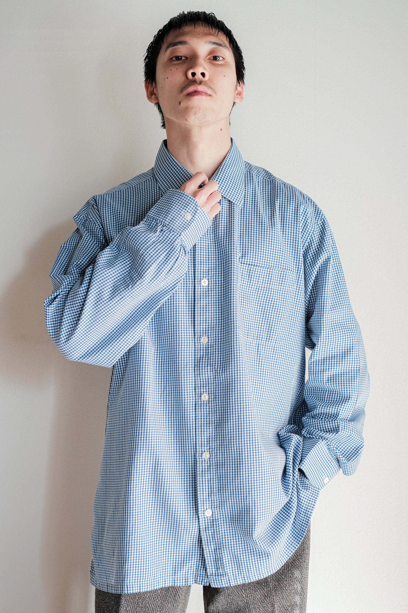 【~00's】Old Charvet Cotton Checked Dress Shirt "Bespoke"