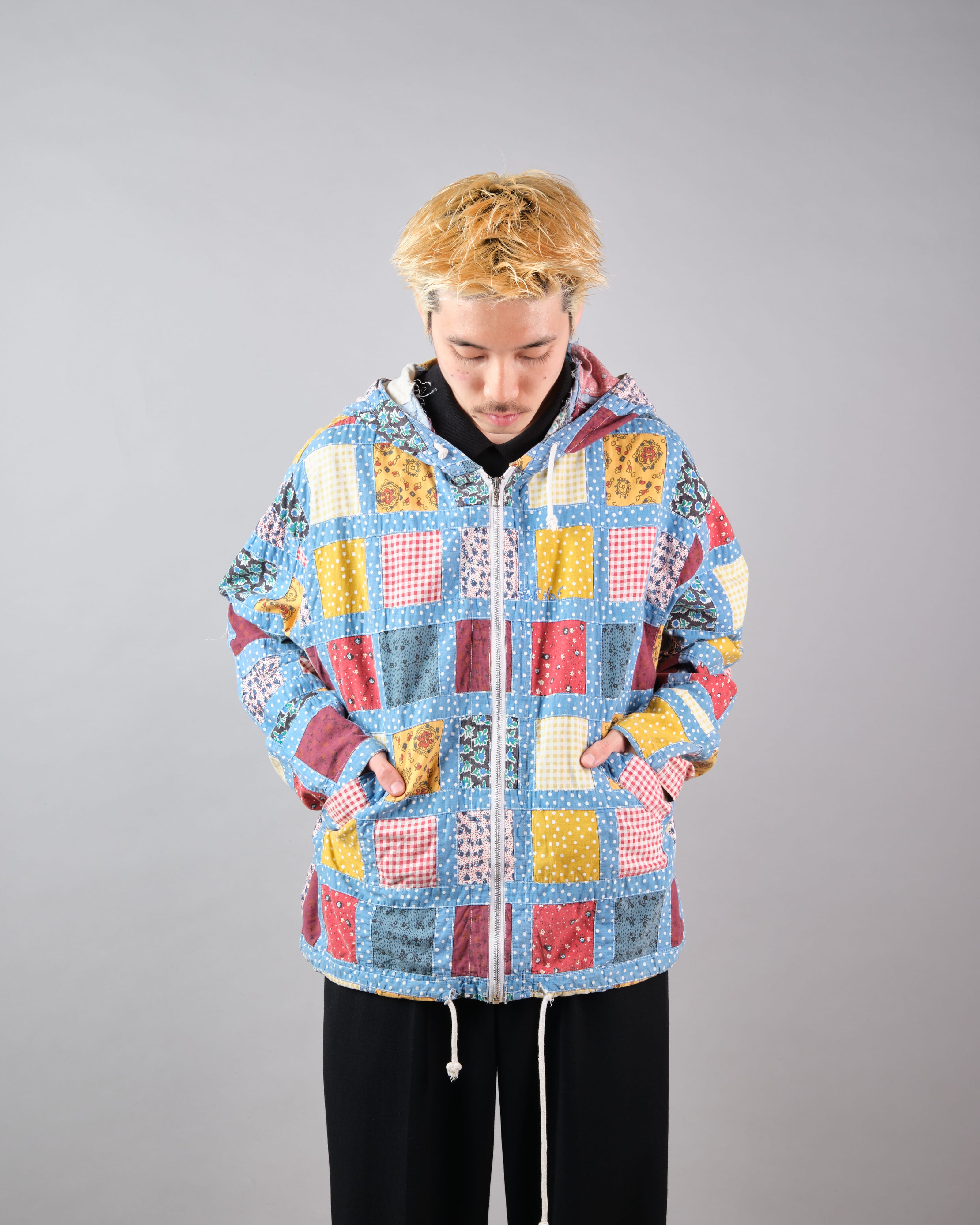 【~90’s】Old NAF NAF Various Patterned Patchwork Zip Up Hooded Jacket