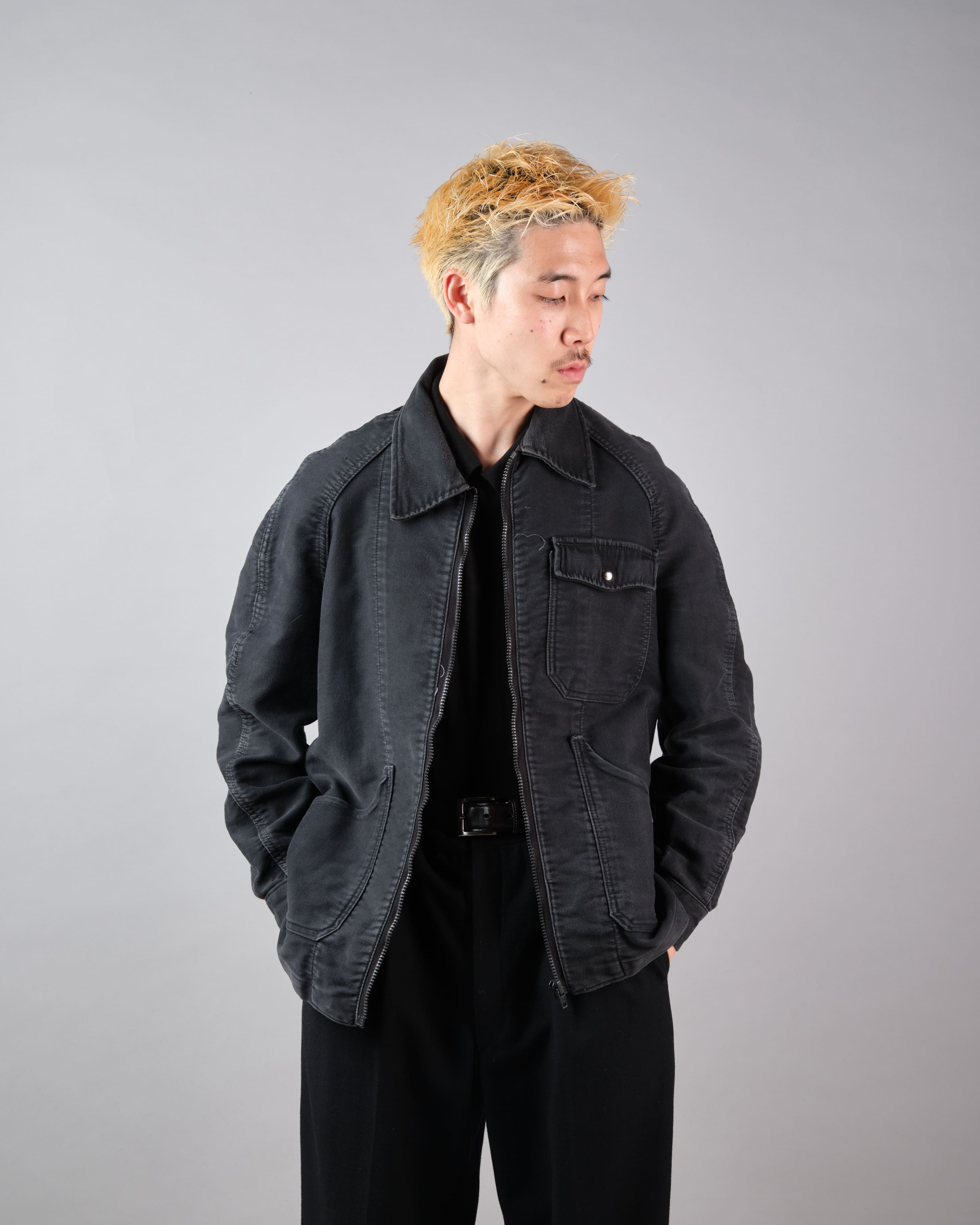 【~70's】Europe Vintage Raglan Sleeve Black Moleskin Zip Up Jacket