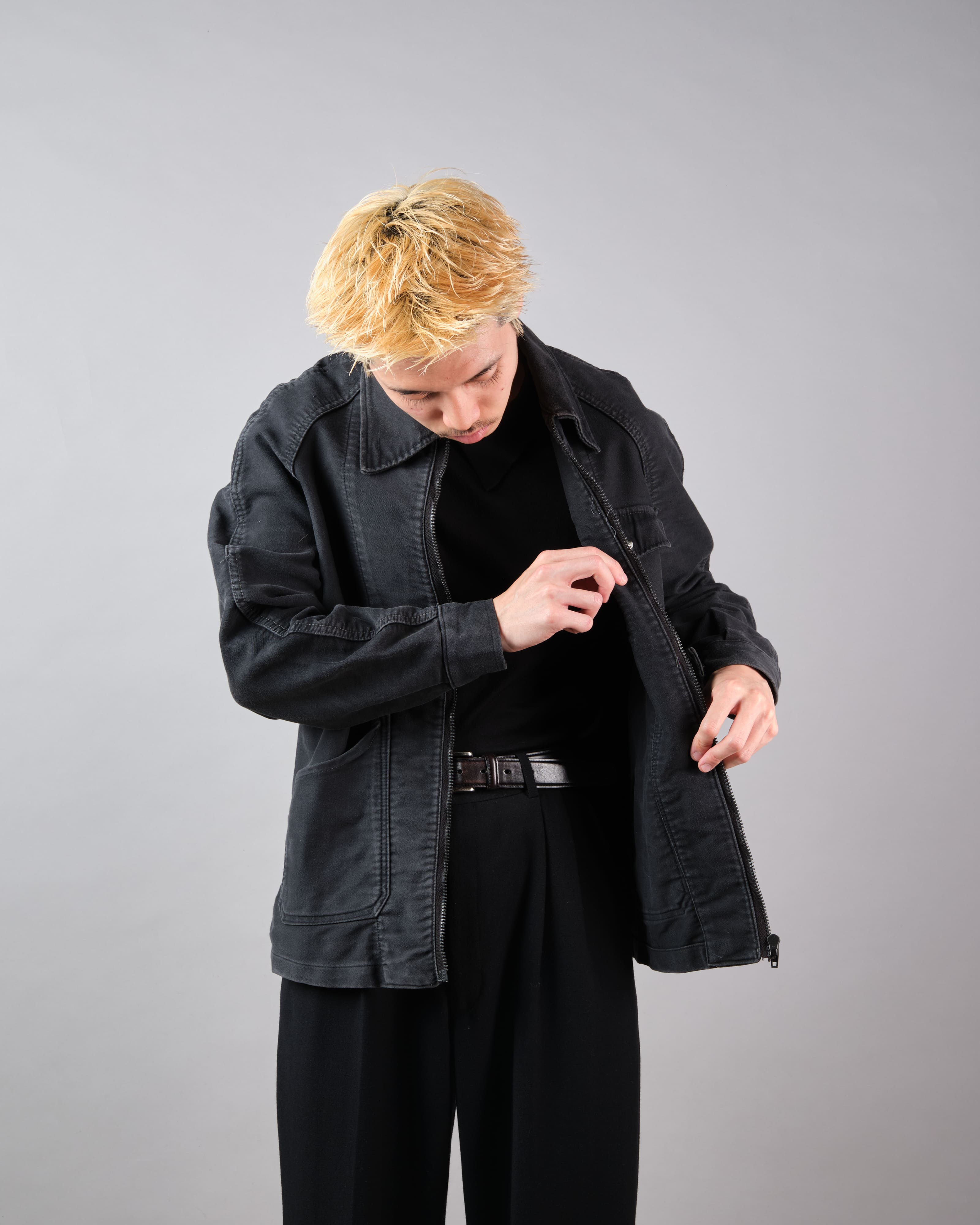 【~70's】Europe Vintage Raglan Sleeve Black Moleskin Zip Up Jacket