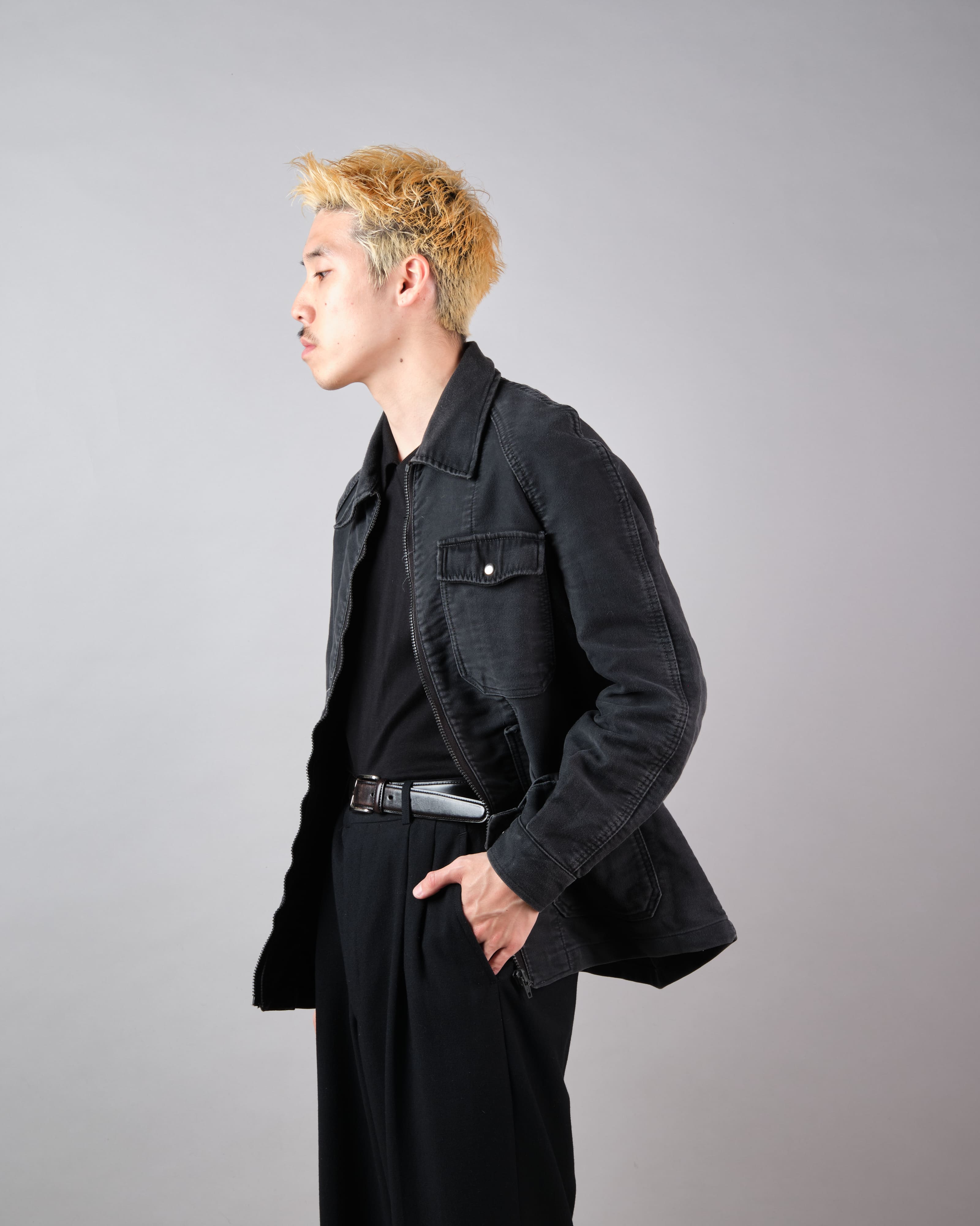 【~70's】Europe Vintage Raglan Sleeve Black Moleskin Zip Up Jacket