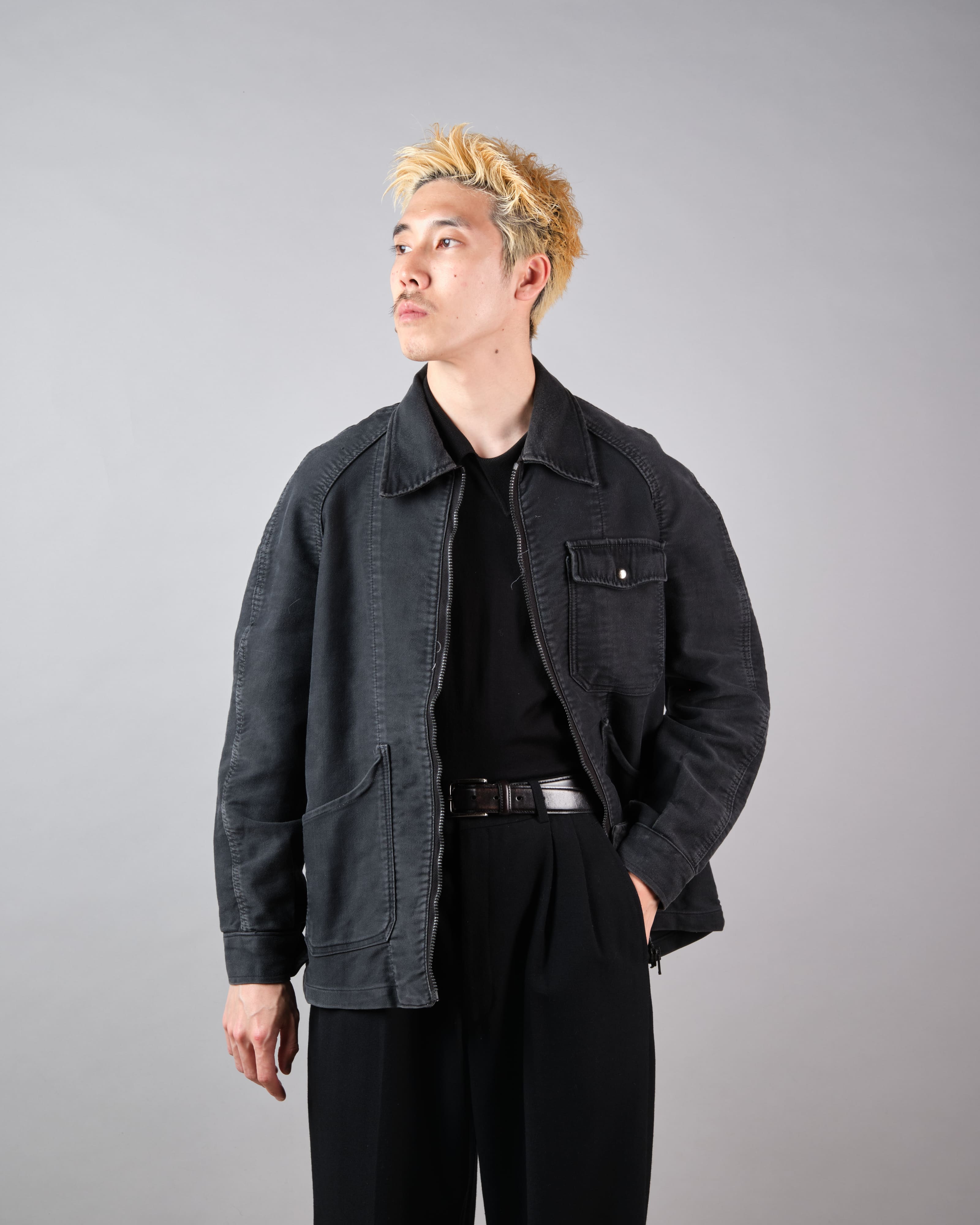 【~70's】Europe Vintage Raglan Sleeve Black Moleskin Zip Up Jacket