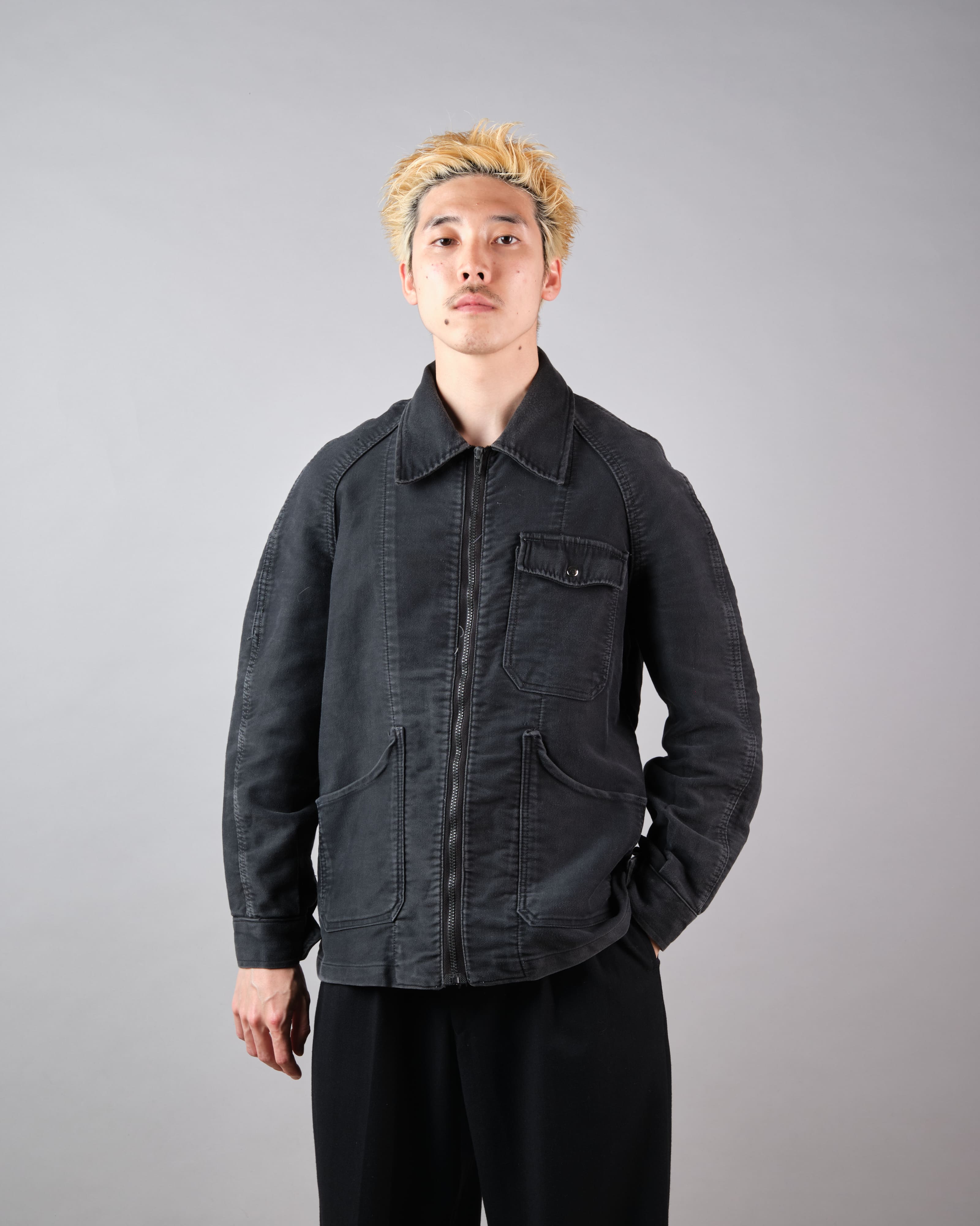 【~70's】Europe Vintage Raglan Sleeve Black Moleskin Zip Up Jacket